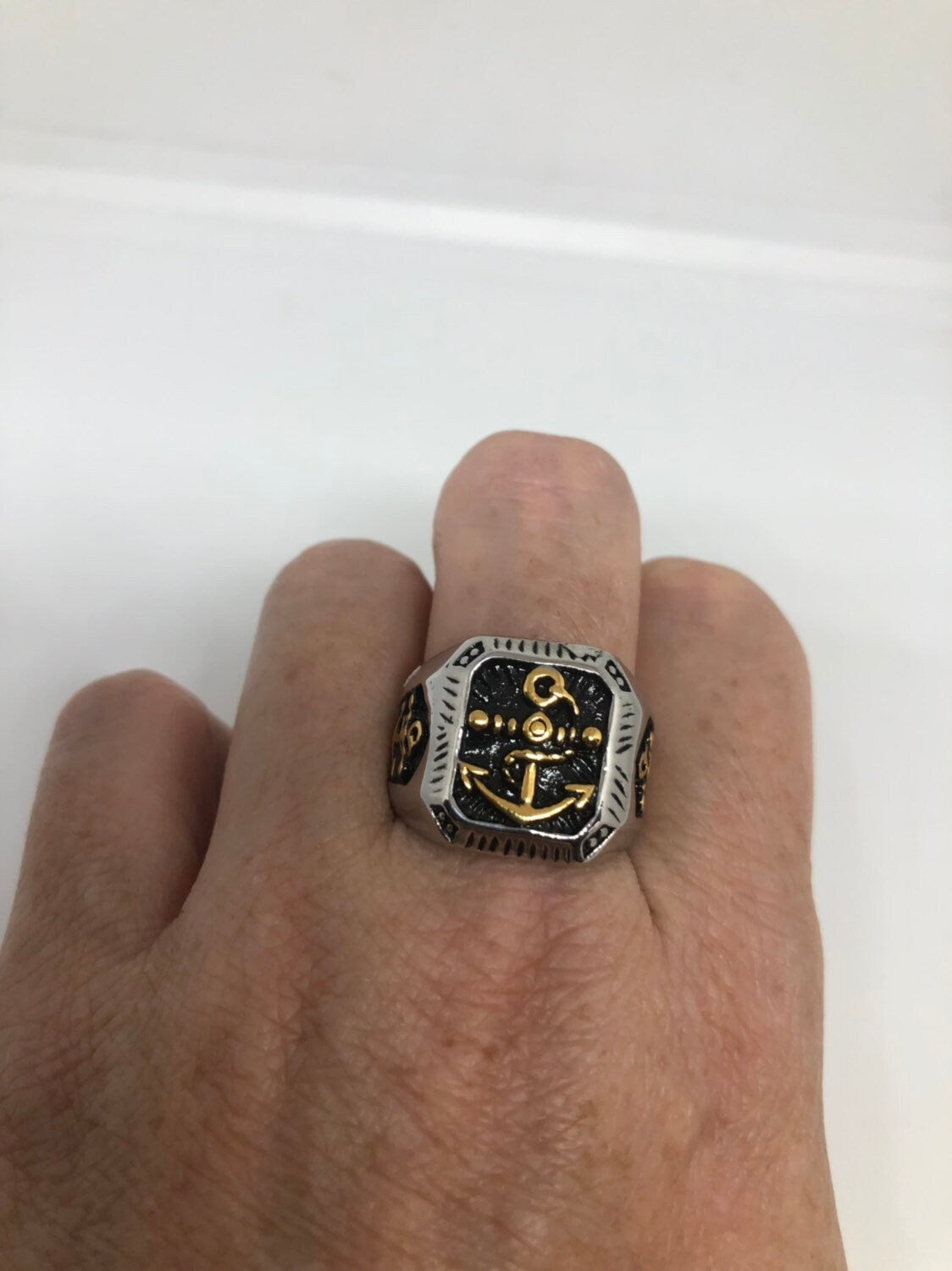 Vintage Gothic Golden Stainless Steel Navy Anchor Mens Ring