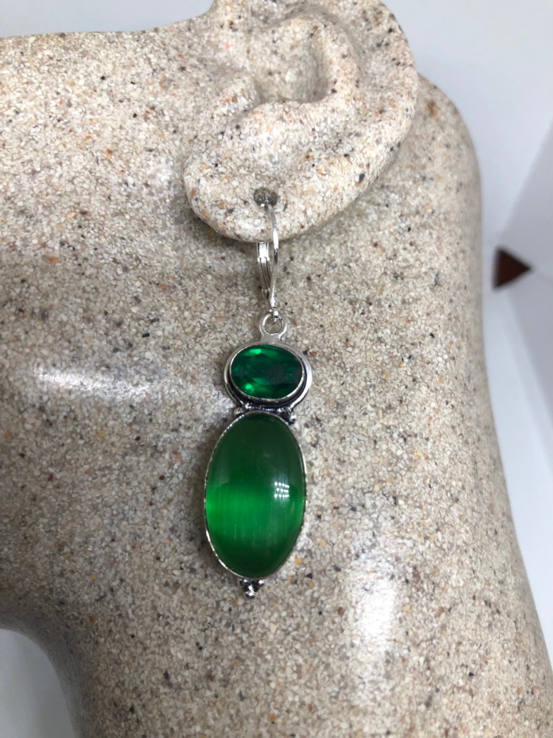 Antique Vintage Green Glass Cats Eye Silver Dangle Earrings