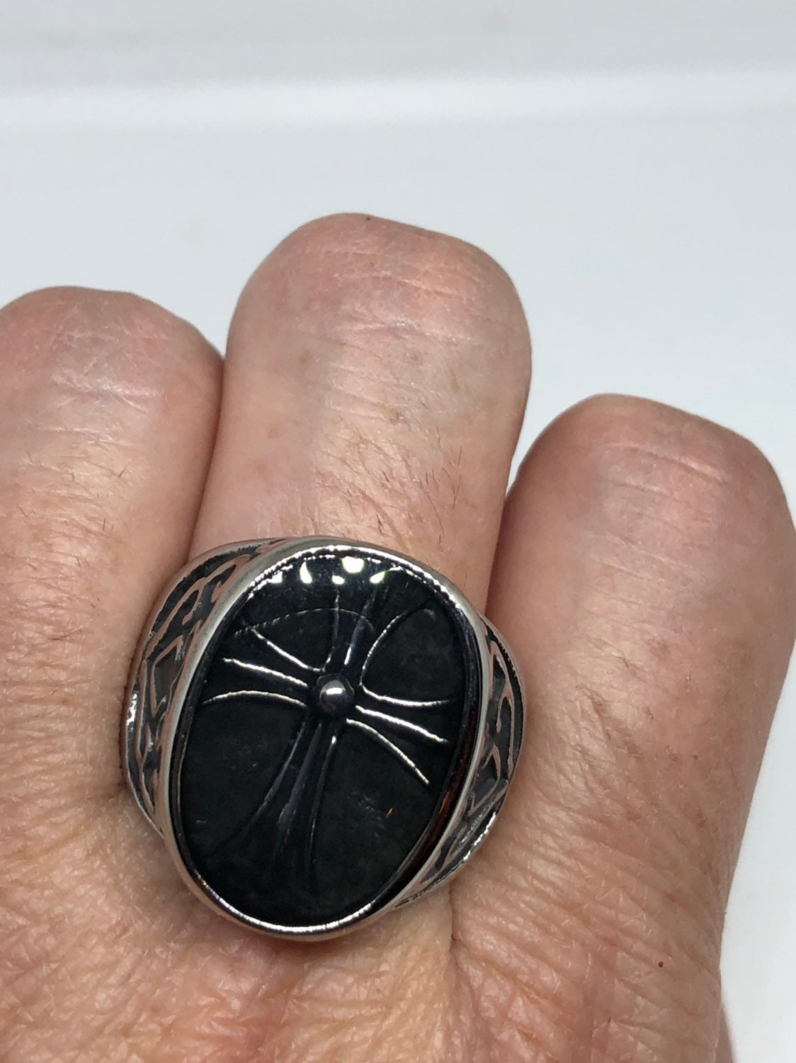 Vintage Stainless Steel Gothic Cross Mens Ring