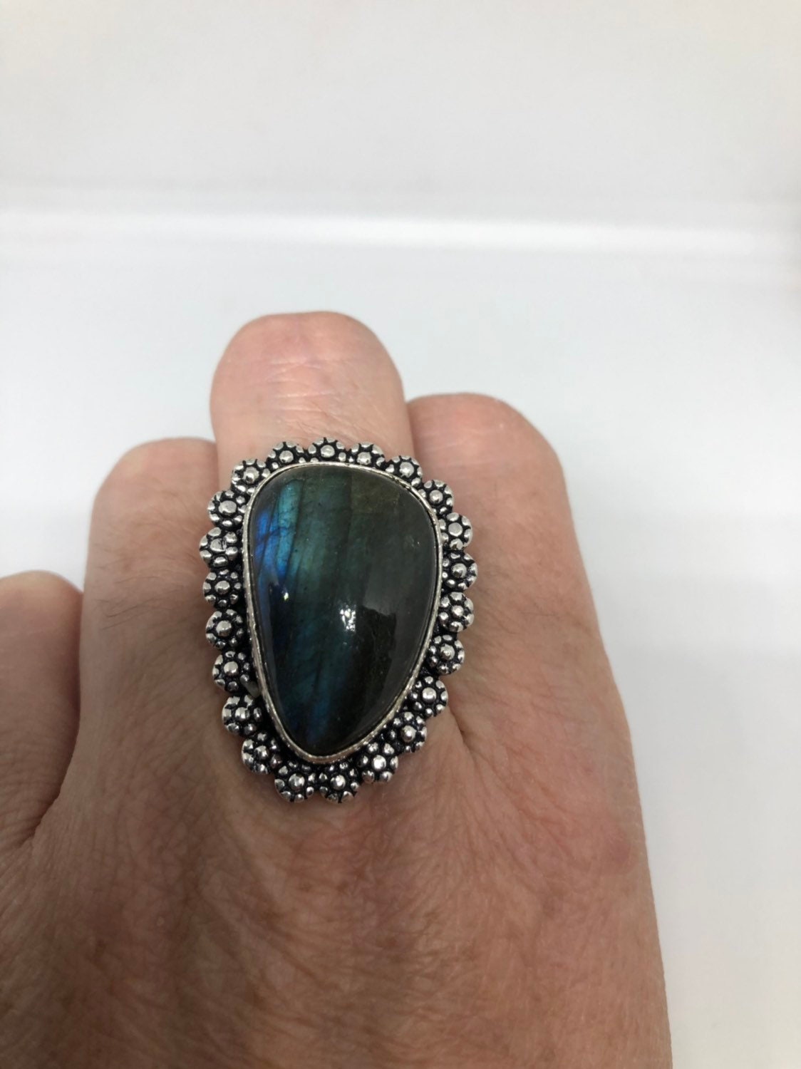 Vintage Large Labradorite Rainbow Moonstone Stone Silver Ring
