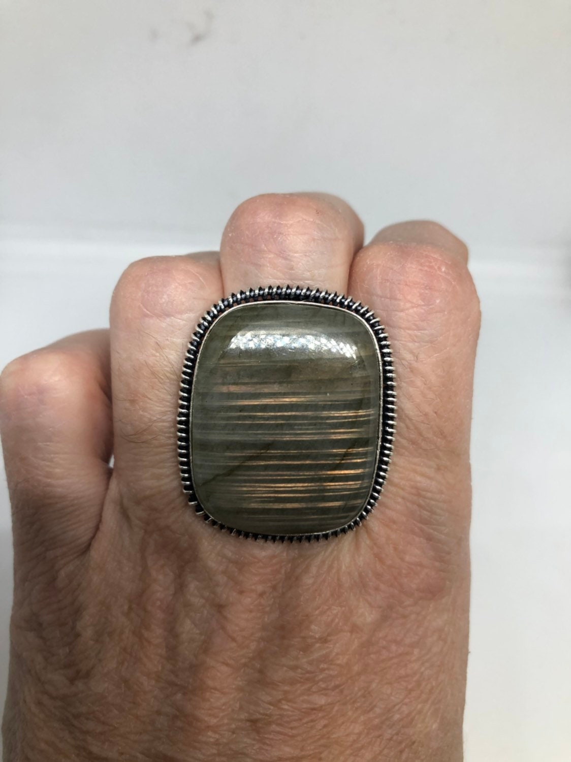 Vintage Large Labradorite Rainbow Moonstone Stone Silver Ring