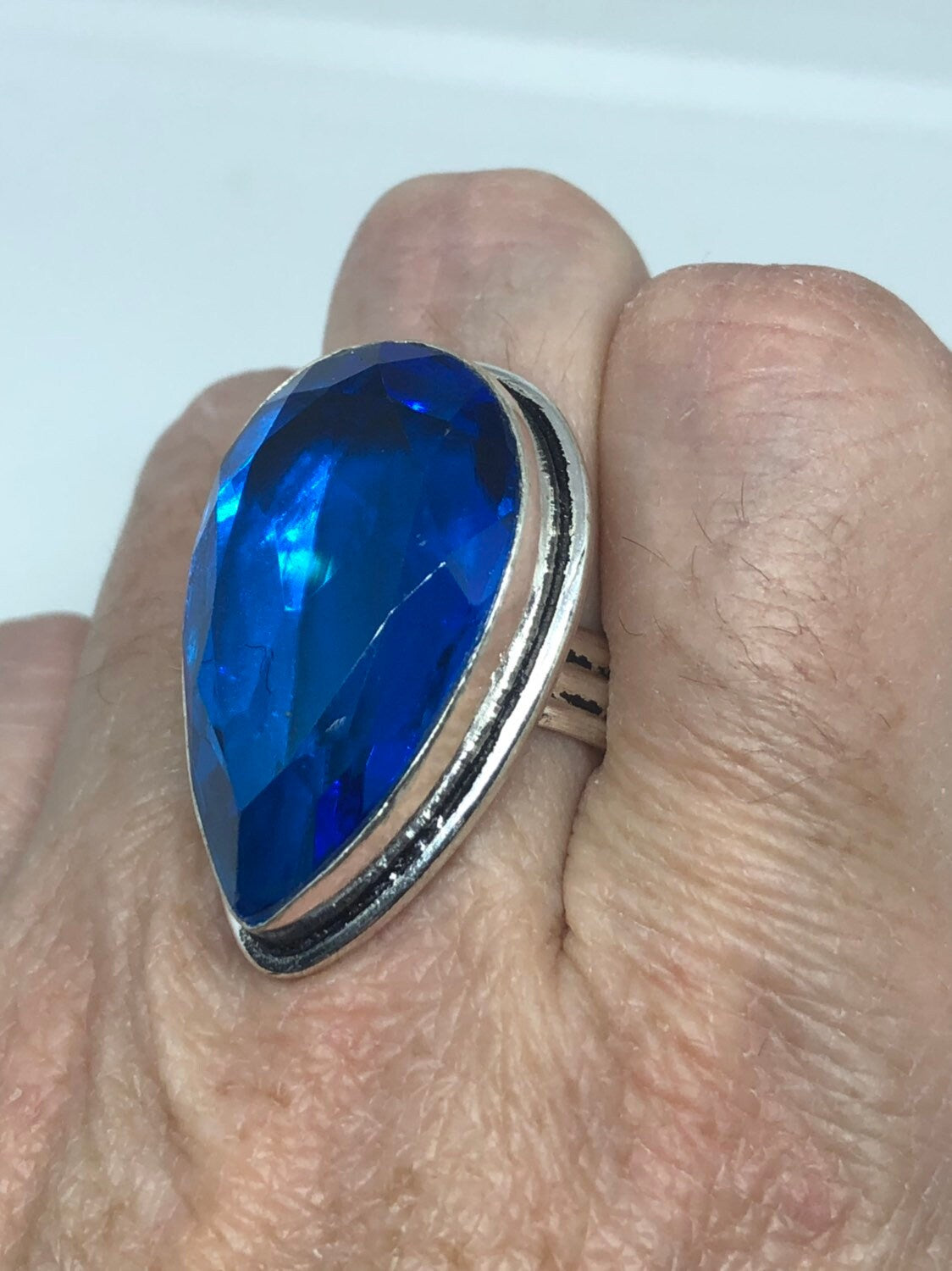 Vintage Aqua Art Glass Ring, Ornate German Silver, Size 8.25