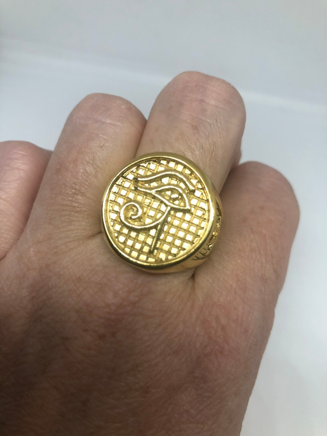 Vintage Golden Stainless Steel Egyptian Ankh Horus Eye Mens Ring