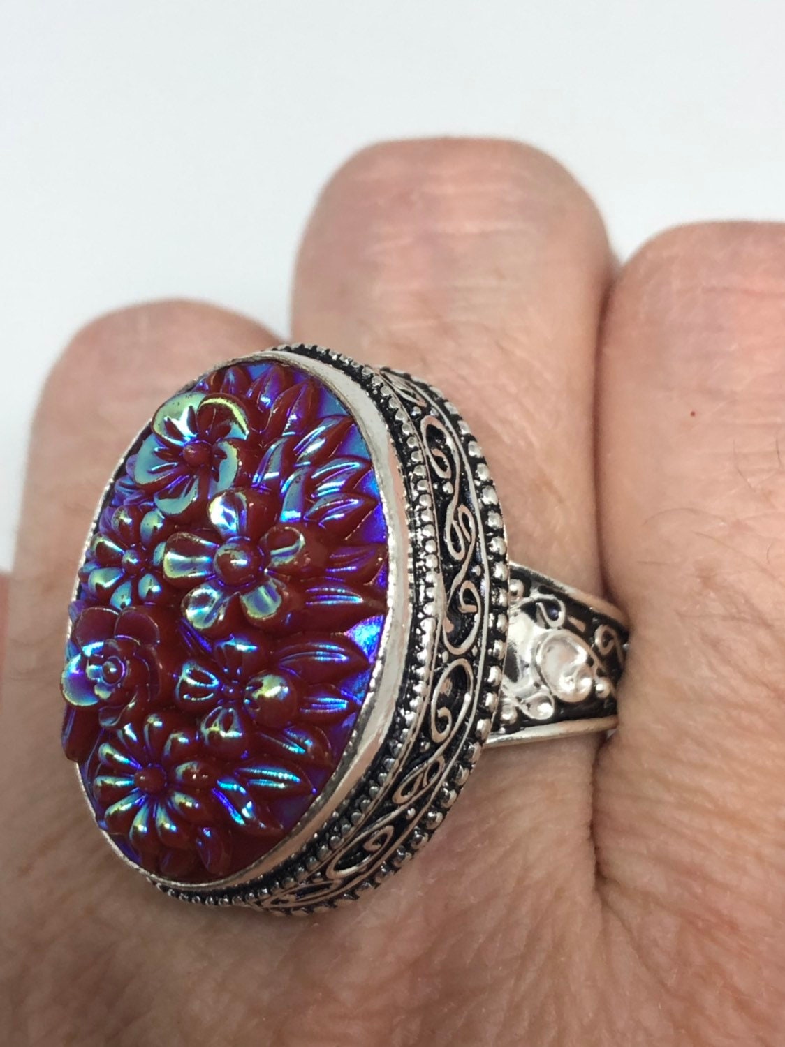 Vintage Aqua Vintage Flower acryllic Ring About an Inch Long Knuckle Ring