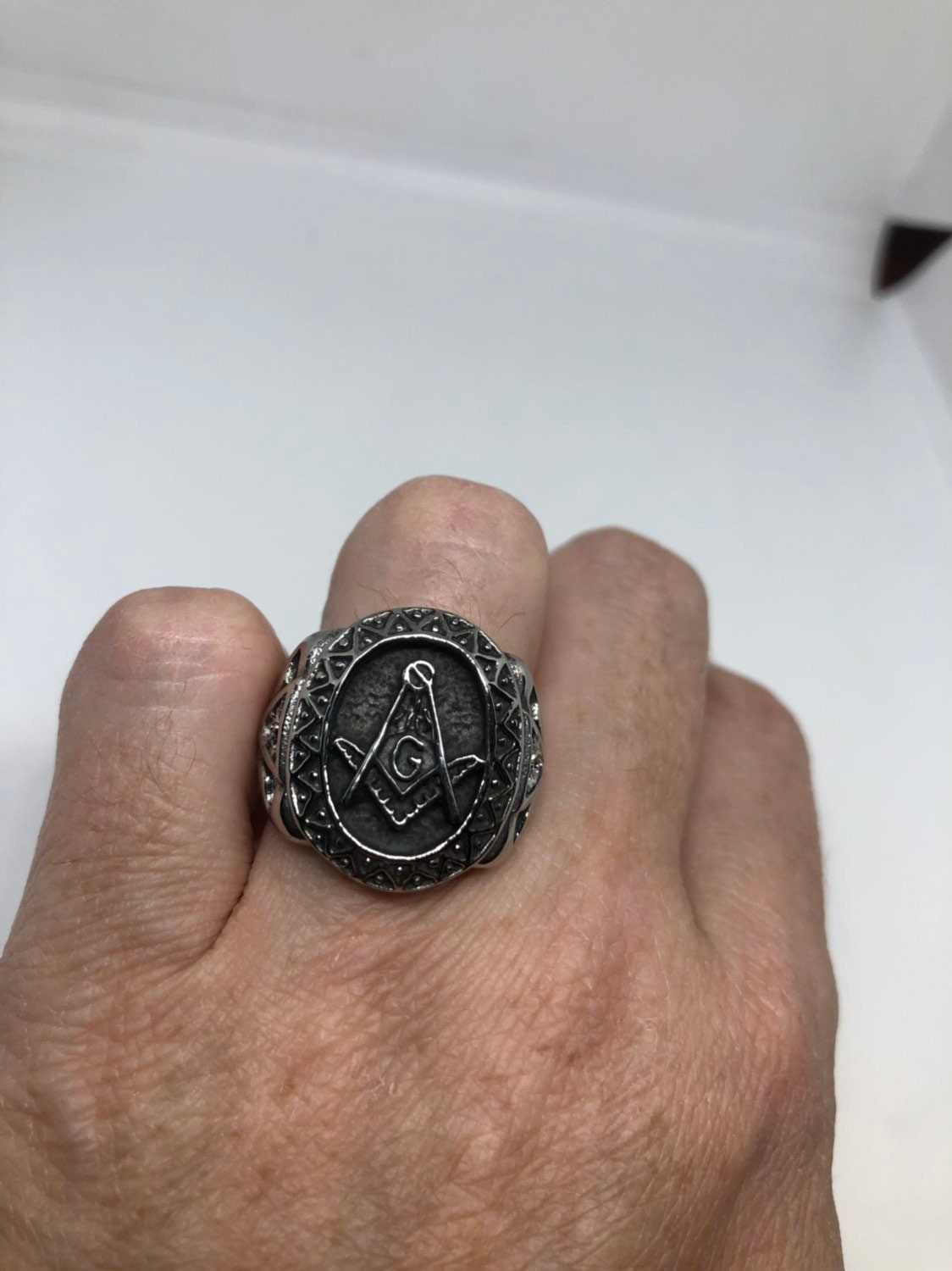 Vintage Gothic Stainless Steel Free Mason G Mens Ring