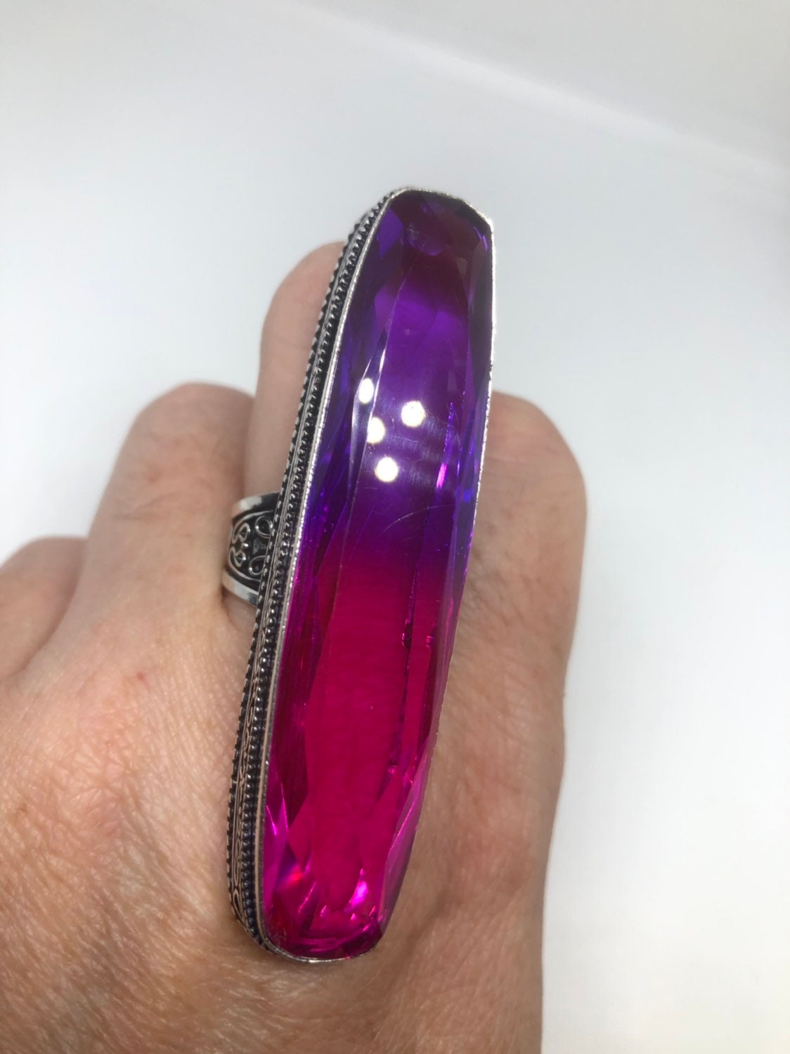 Vintage Art Glass Ring, Pink Purple German Silver, Size 7.25