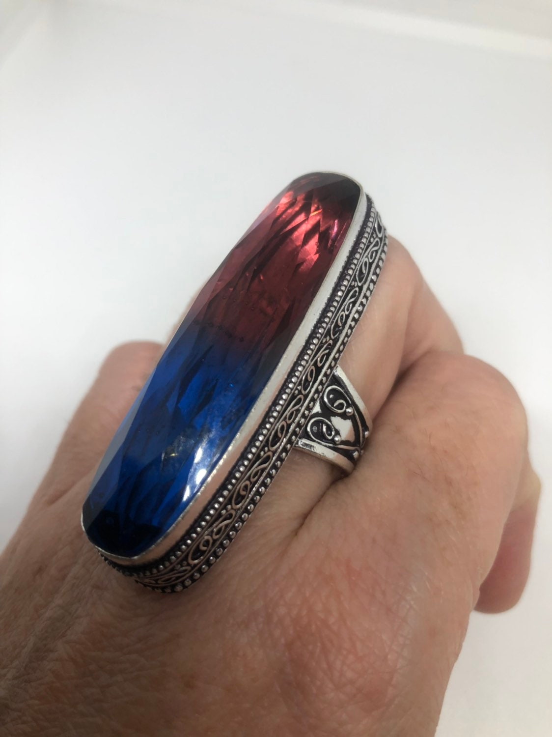 Vintage Red Blue Art Glass Ring, Ornate German Silver, Size 8.25
