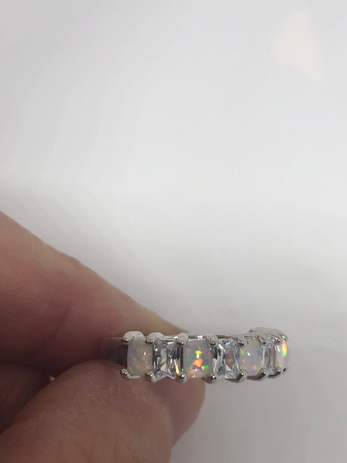 Brooklyn Line Micro Cubic Zirconia Crystal Ethiopian Opal Golden Sterling Silver Band Ring