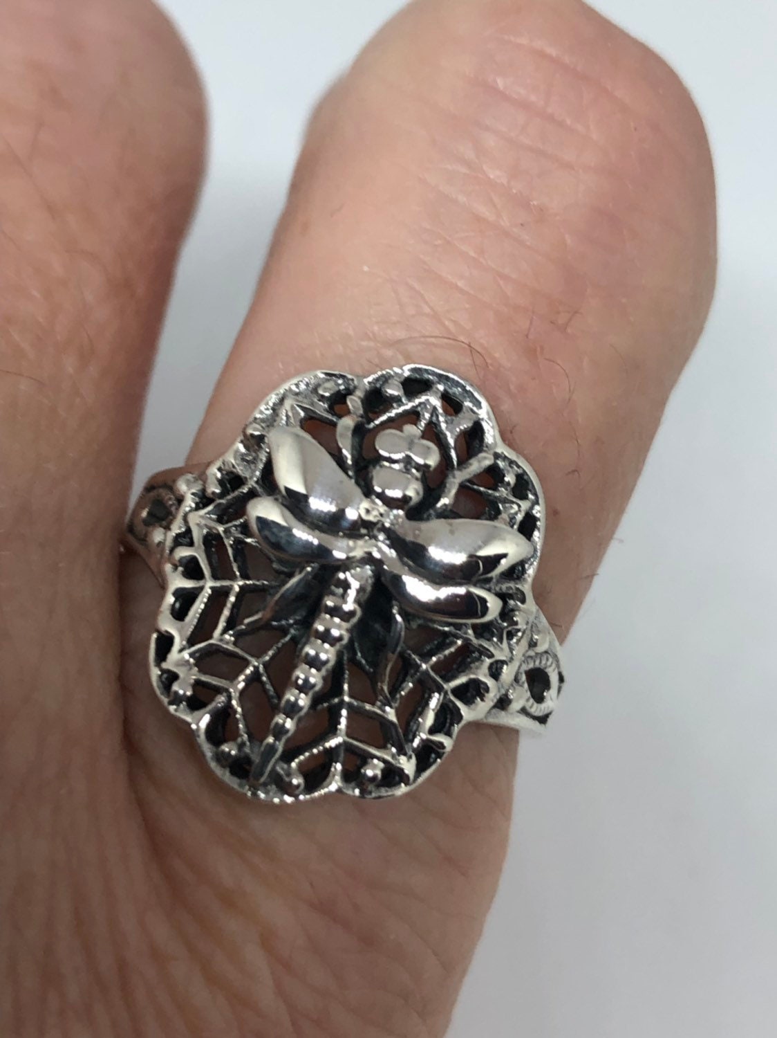 Vintage Dragonfly Ring 925 Sterling Silver Antiqued Filigree