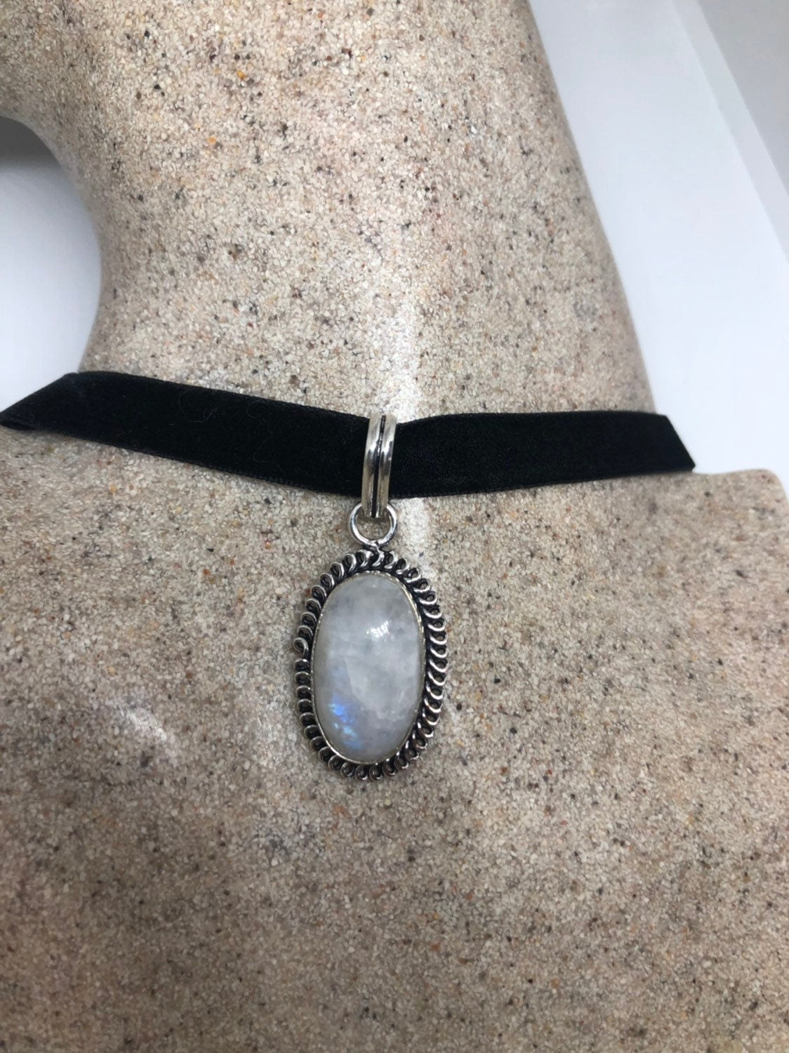 Large Handmade Vintage Engraved Repose Brass Rainbow Moonstone Pendant