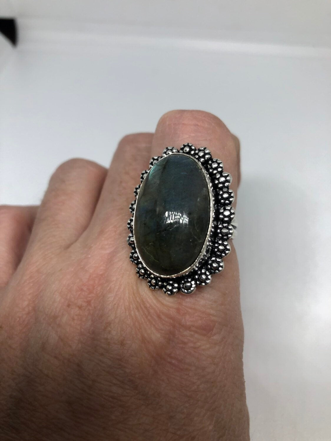 Vintage Large Labradorite Rainbow Moonstone Stone Silver Ring