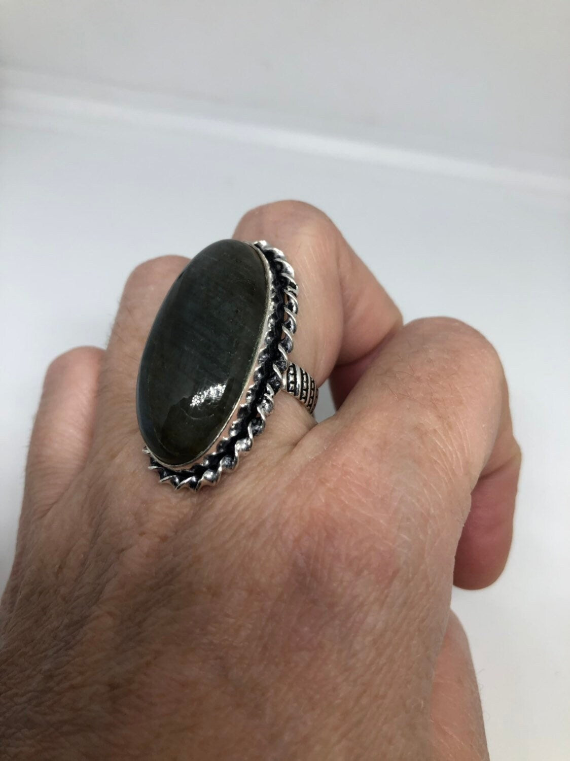 Vintage Large Labradorite Rainbow Moonstone Stone Silver Ring