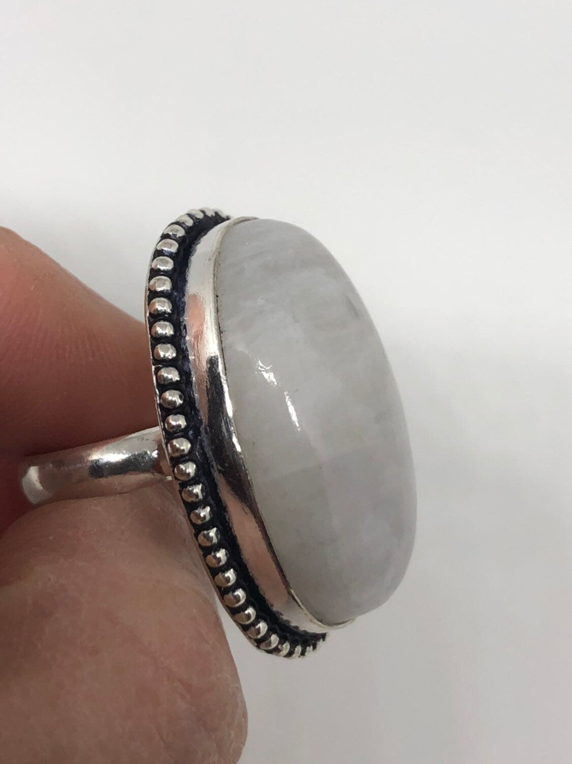 Vintage Large Blue White Rainbow Moonstone Stone Silver Ring