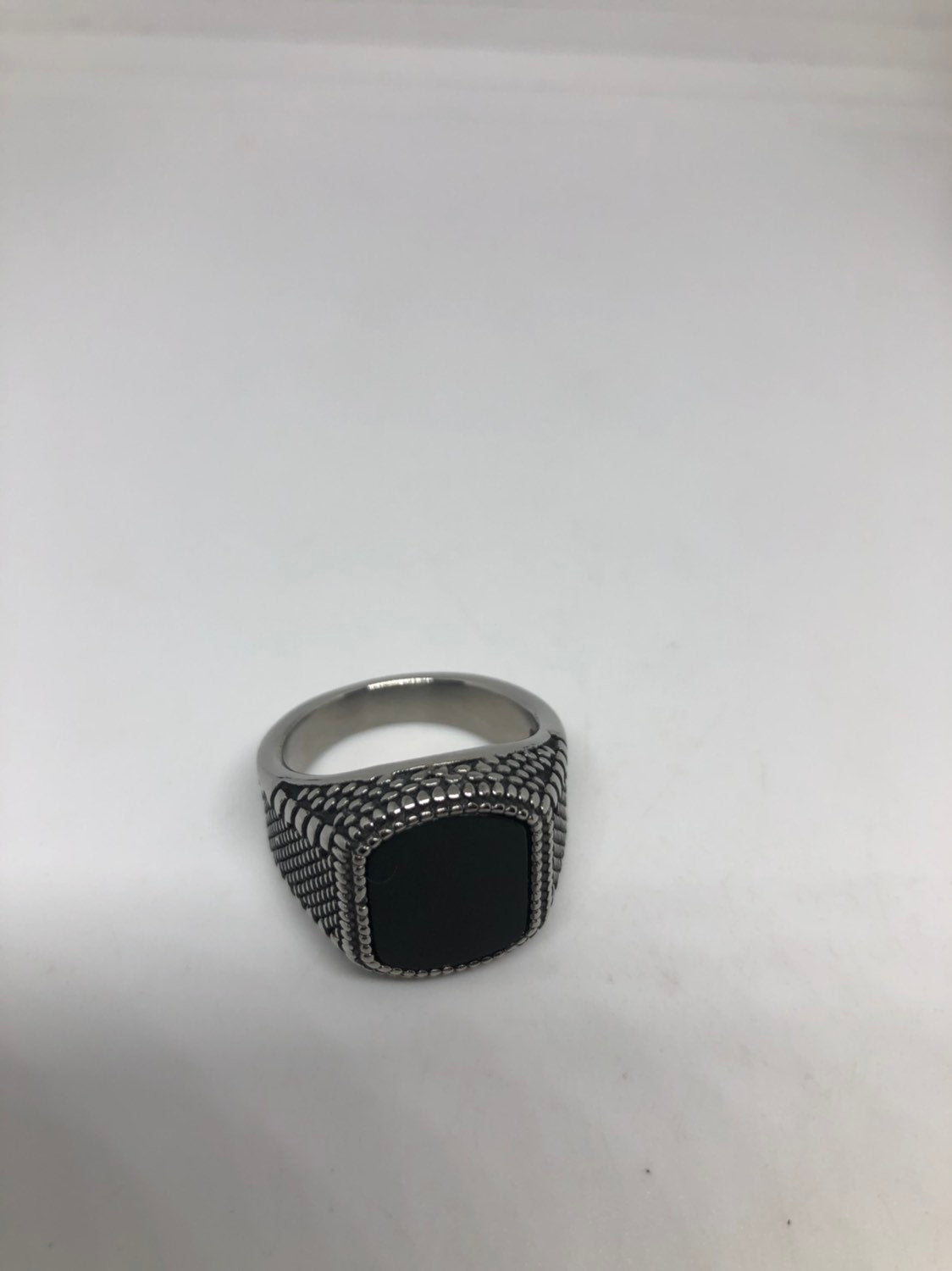 Vintage Gothic Black Onyx Stainless Steel Mens Ring