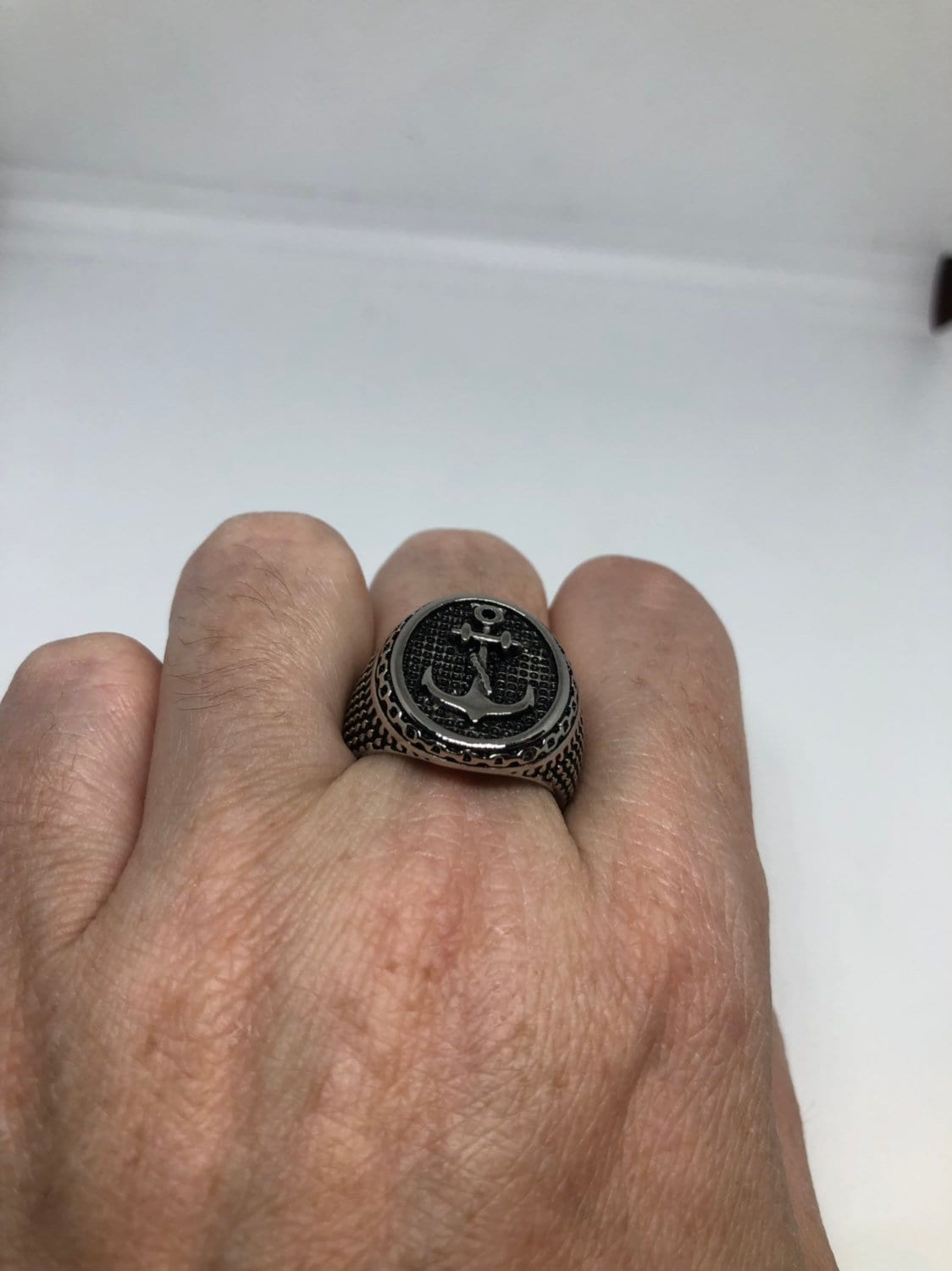 Vintage Silver Stainless Steel Gothic Anchor Mens Ring