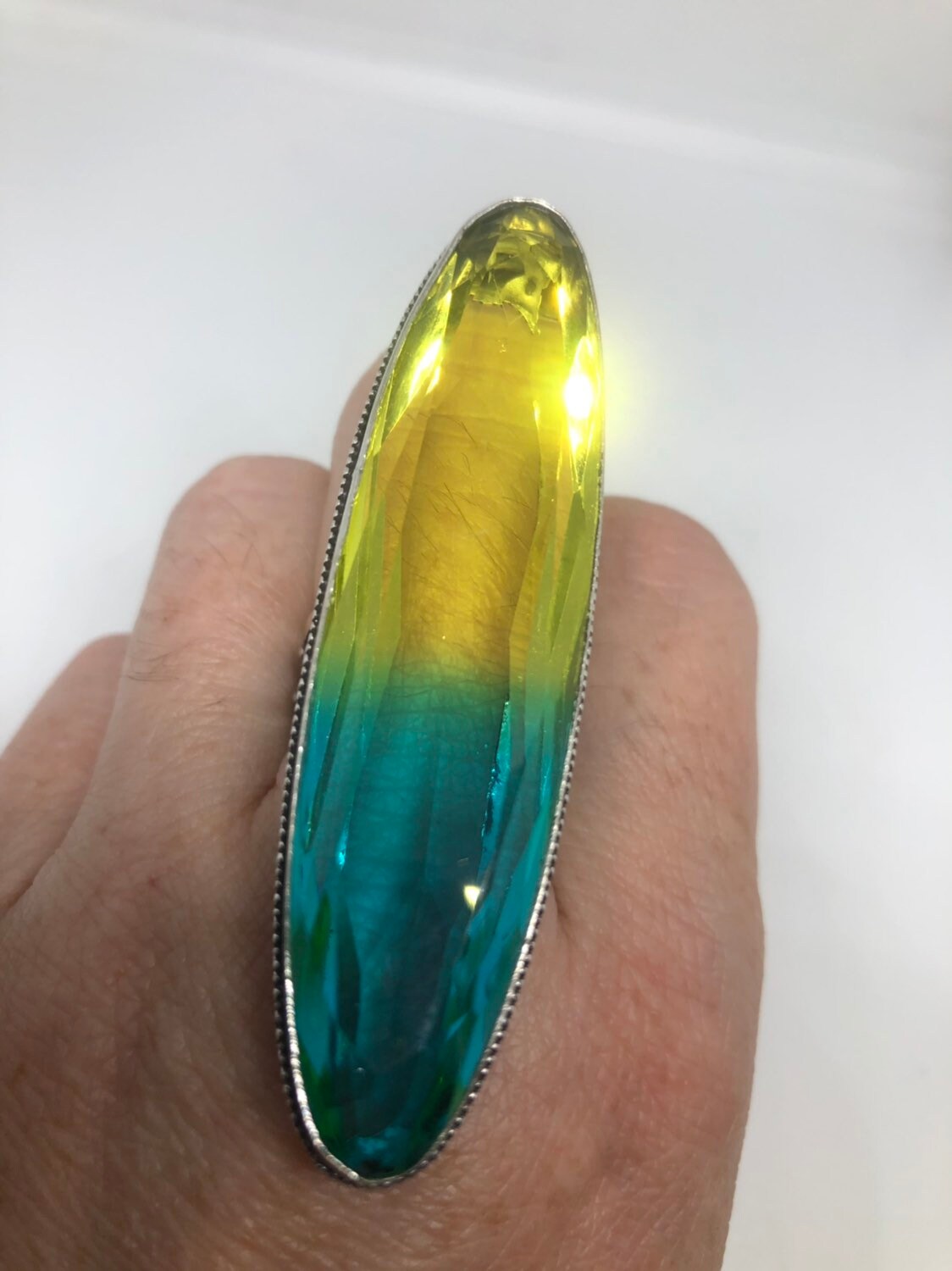 Vintage Art Glass Ring, Aqua Teal & Yellow, German Silver Size 7