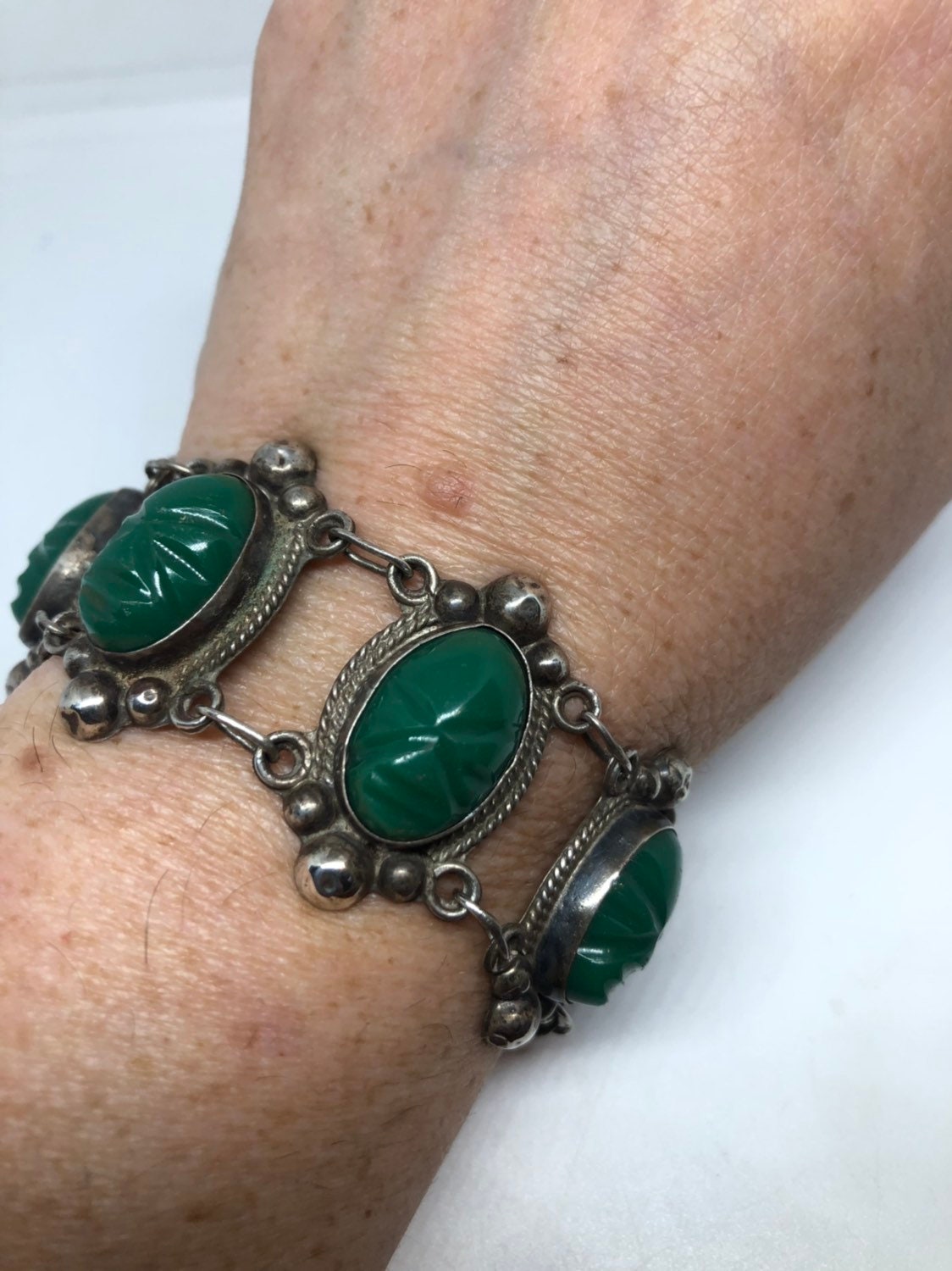Vintage Gothic Sterling Silver Green Onyx Face Talisman Bracelet