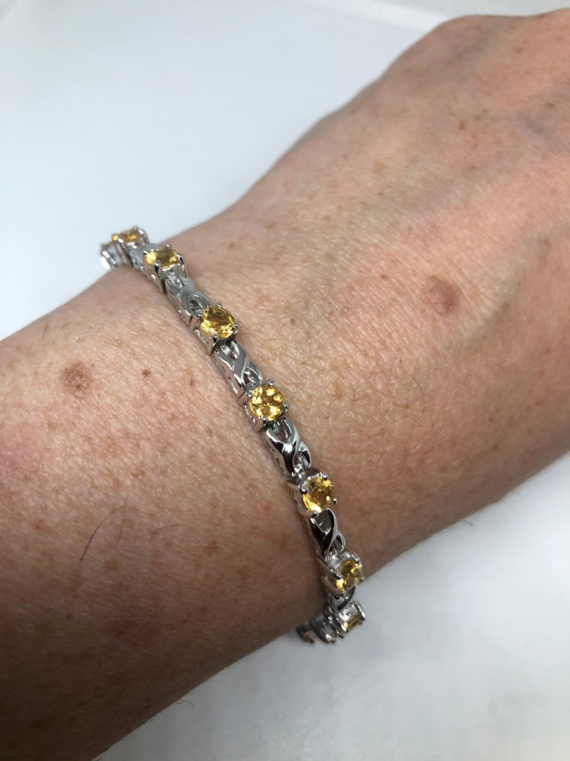 Vintage Gold Citrine Bracelet Deco 925 Sterling Silver Tennis