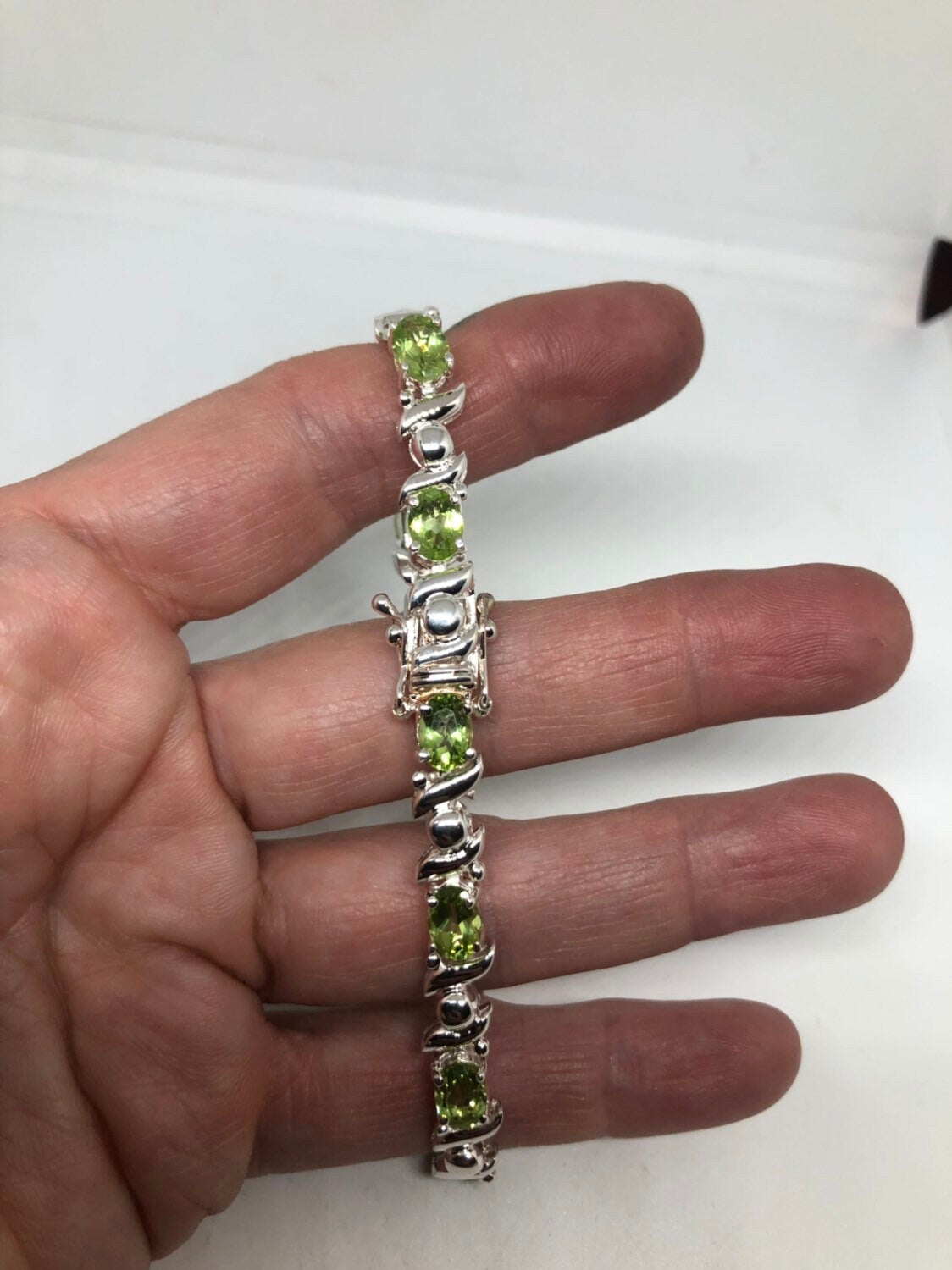 Vintage Handmade Genuine Peridot 925 Sterling Silver Tennis Bracelet