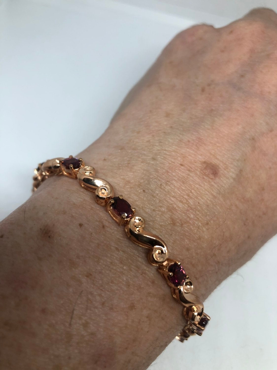 Vintage Rose Gold Rhodium 925 Sterling Silver Filigree Pink Tourmaline Bracelet