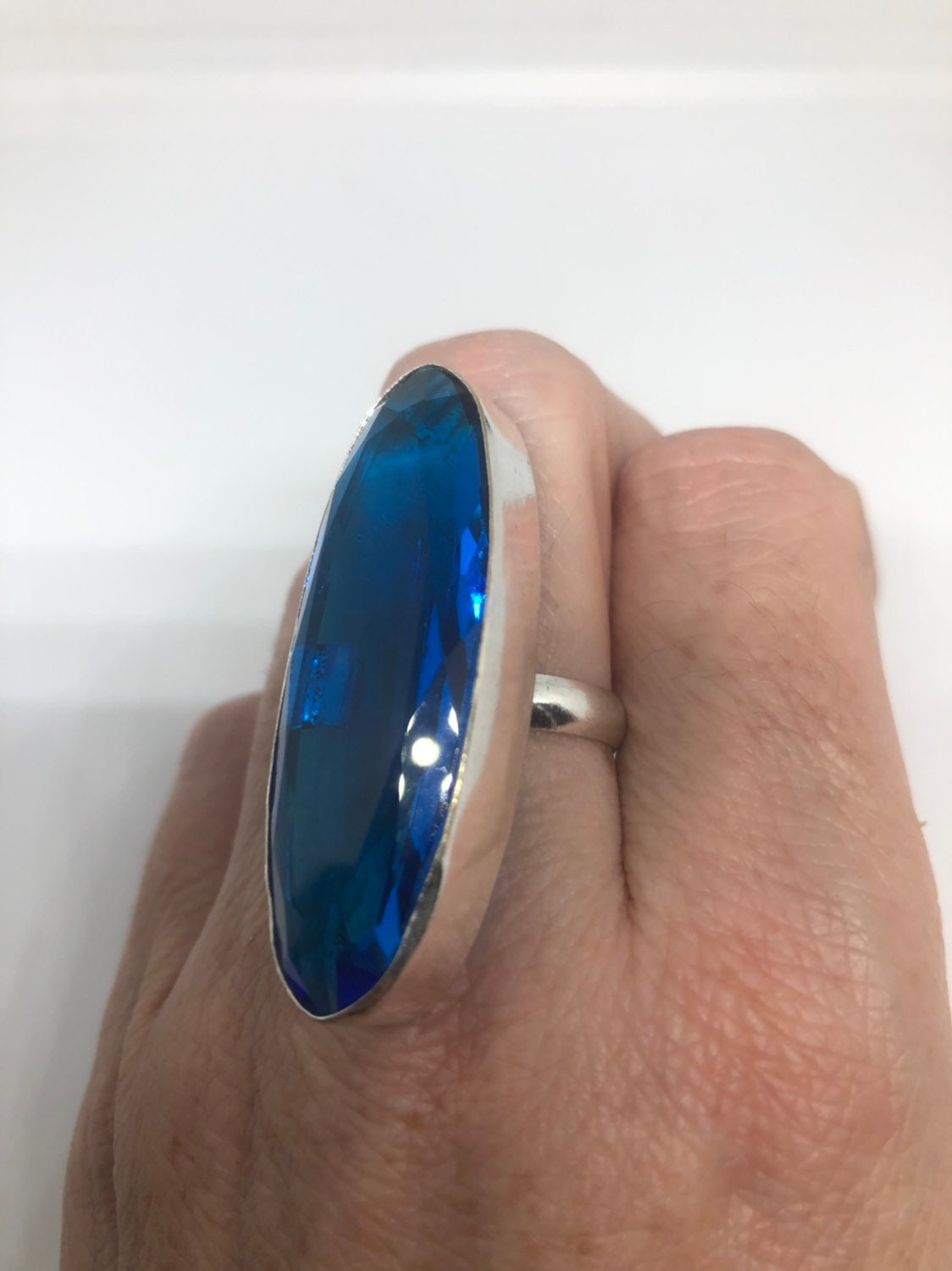 Vintage Aqua Art Glass Knuckle Ring, German Silver Size 8
