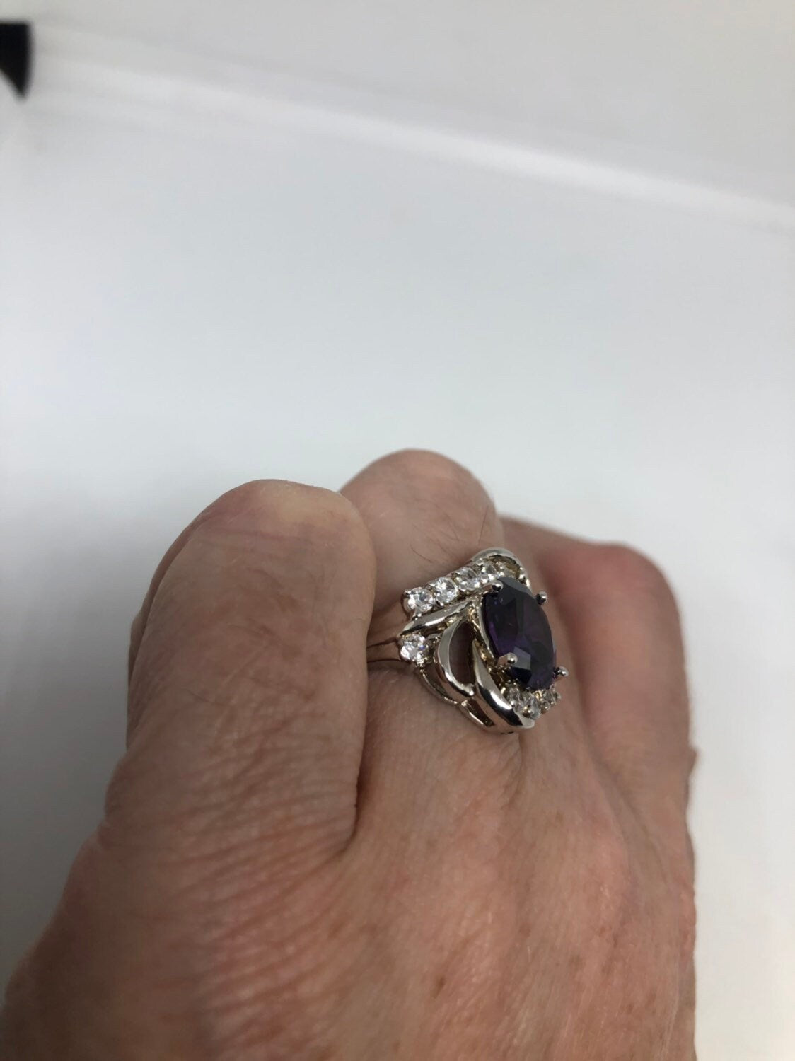 Vintage Handmade Deep Purple Amethyst CZ Setting 925 Sterling Silver Gothic Ring