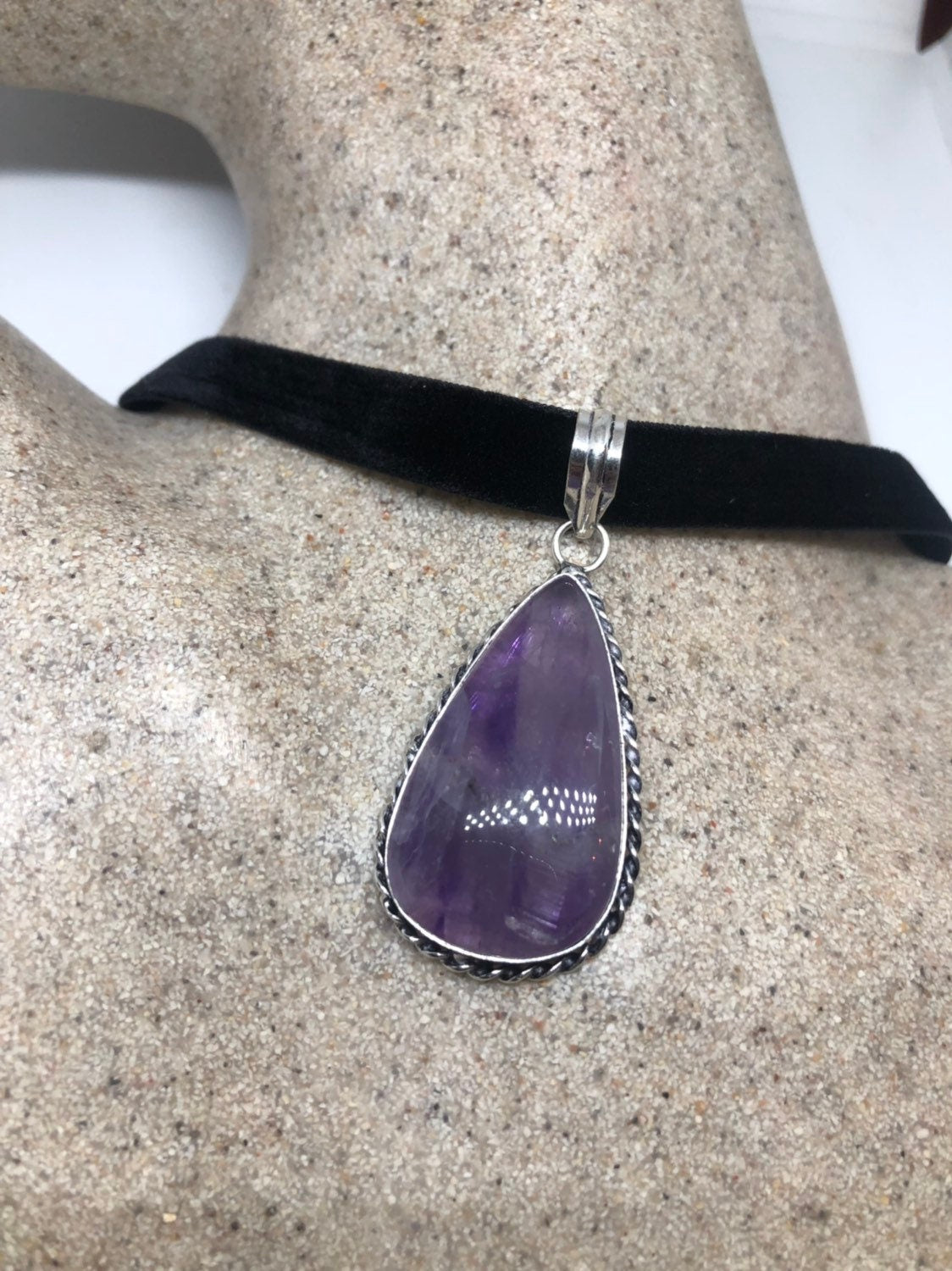 Bohemian Cabochon Cut Droplet Deep Purple Genuine Amethyst Necklace