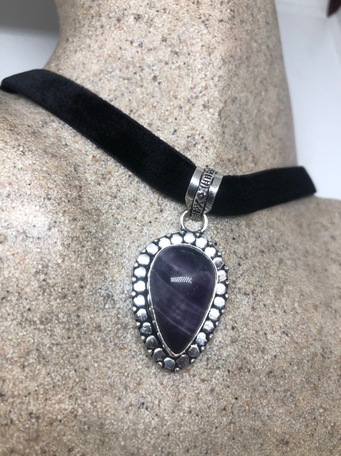Bohemian Cabochon Cut Droplet Deep Purple Genuine Amethyst Necklace