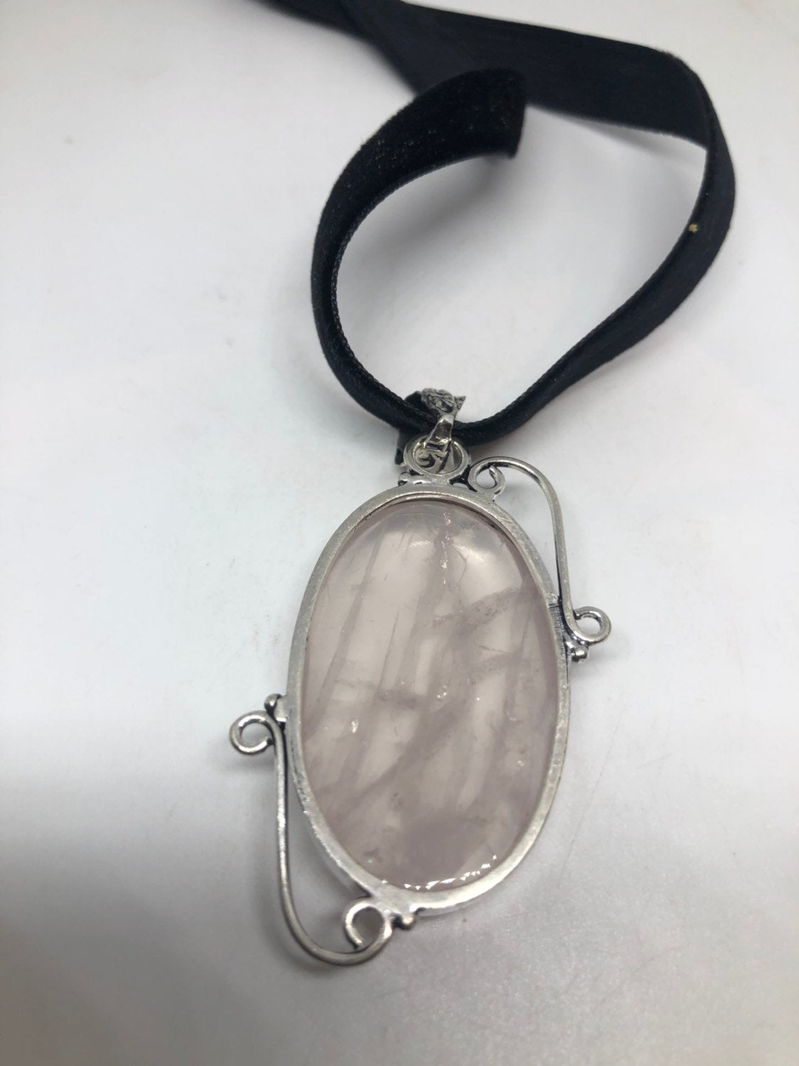 Vintage Handmade Silver Finish Rose Quartz Choker Pendant