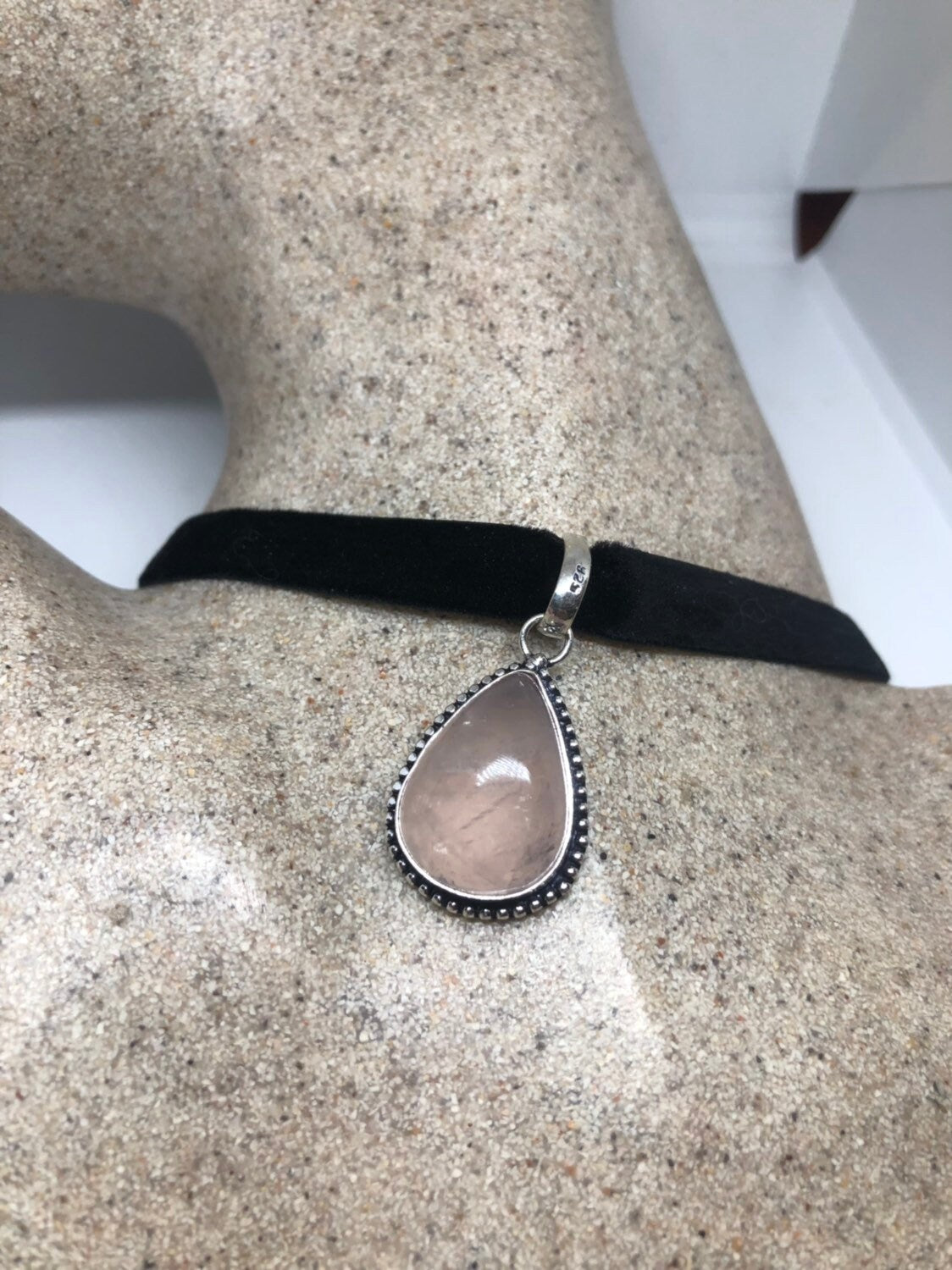 Vintage Handmade Silver Finish Rose Quartz Choker Pendant