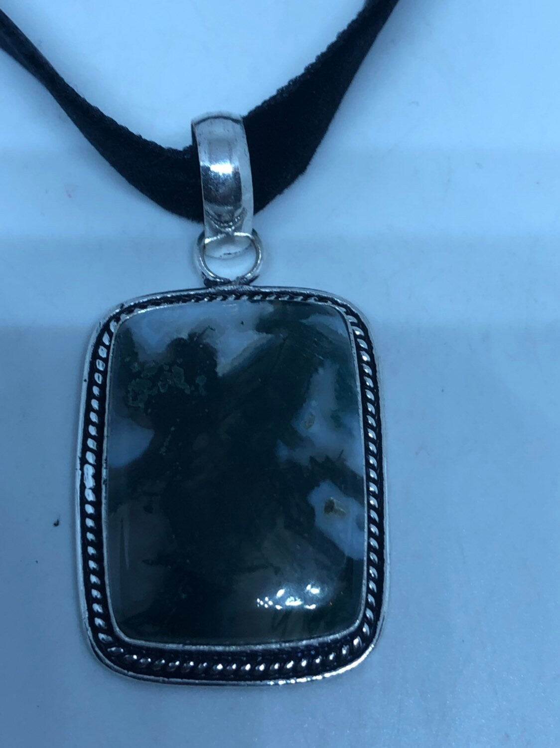 Vintage Green Moss Agate Silver Finish Necklace