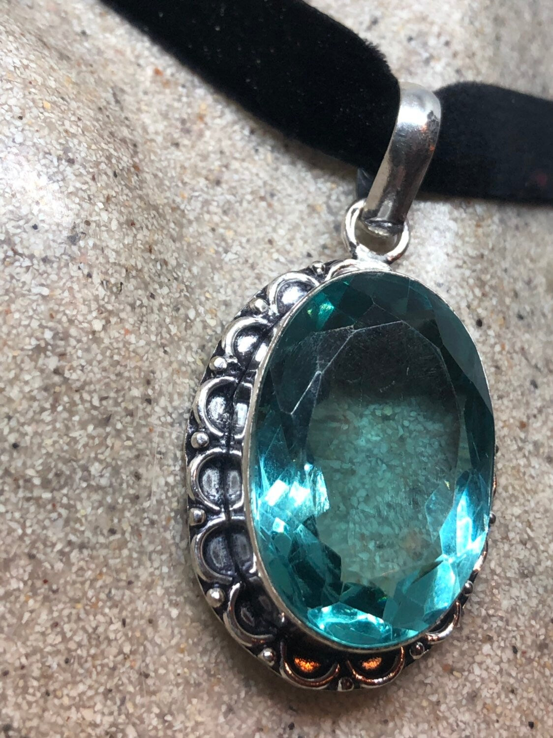 Aqua Handmade Gothic Styled Silver Finished Genuine Facetted Antique Volcanic Glass Choker Necklace