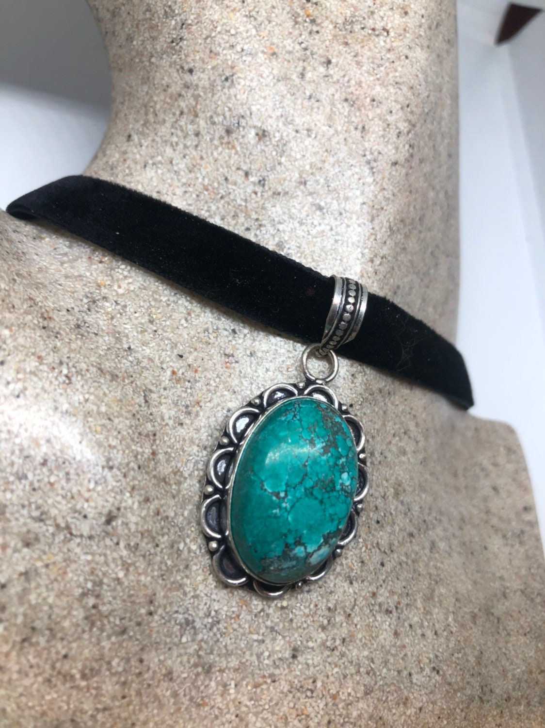 Blue Handmade Gothic Styled Silver Finished Genuine Tibetan Turquoise Choker Necklace