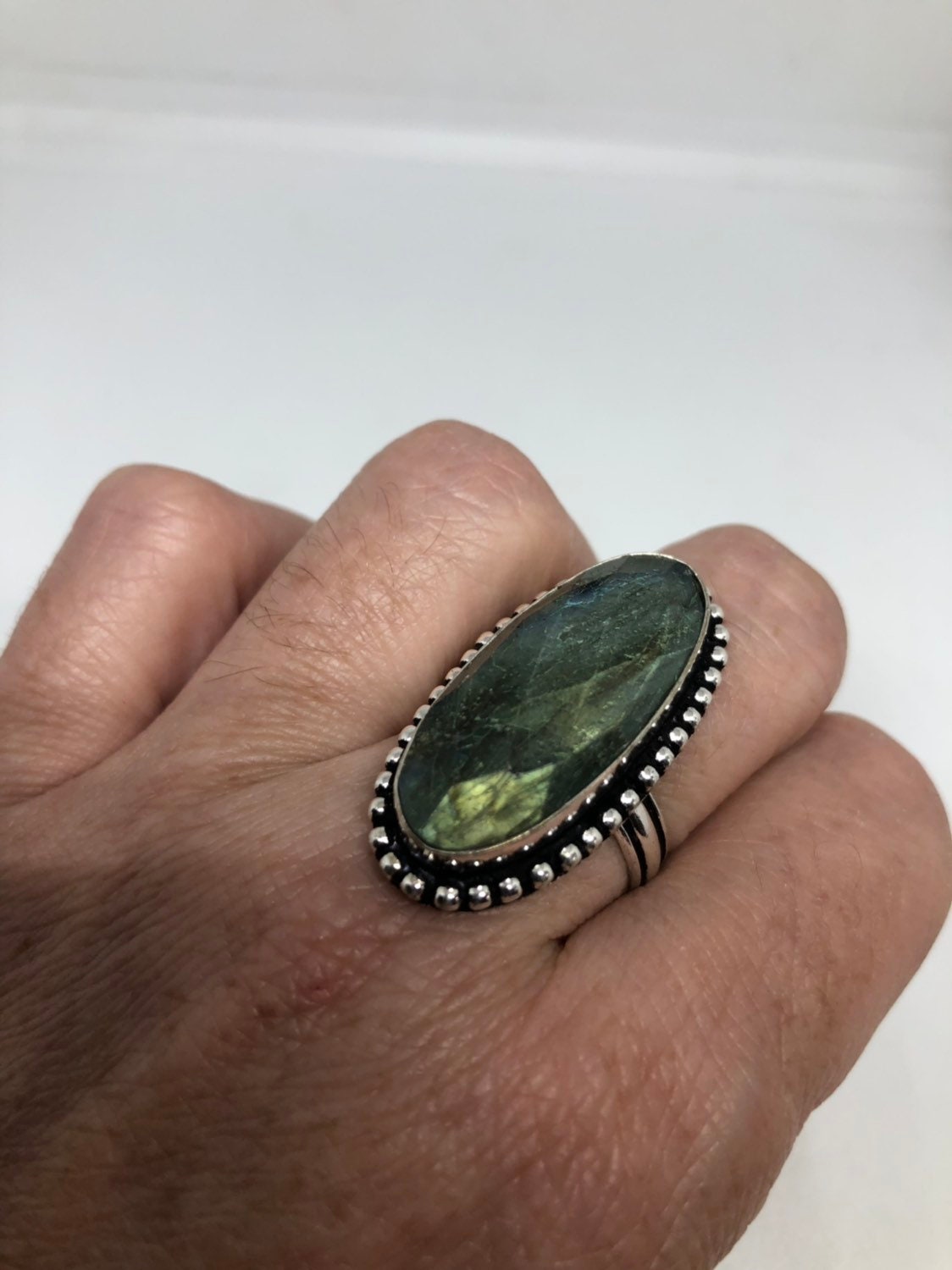 Vintage Blue Green Labradorite Moonstone Silver Cocktail Ring