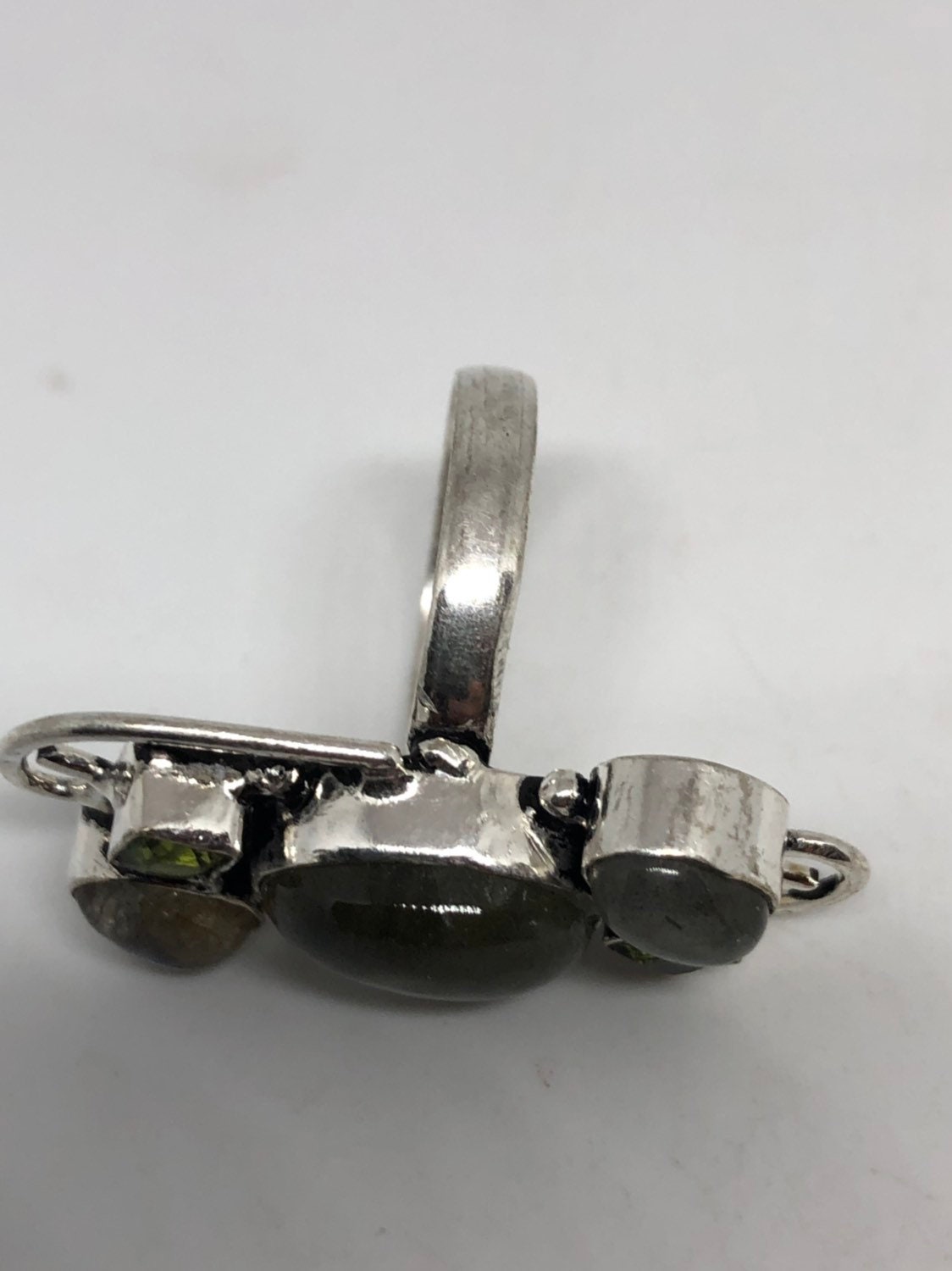 Vintage Large Blue Green Labradorite and Peridot Stone Silver Ring