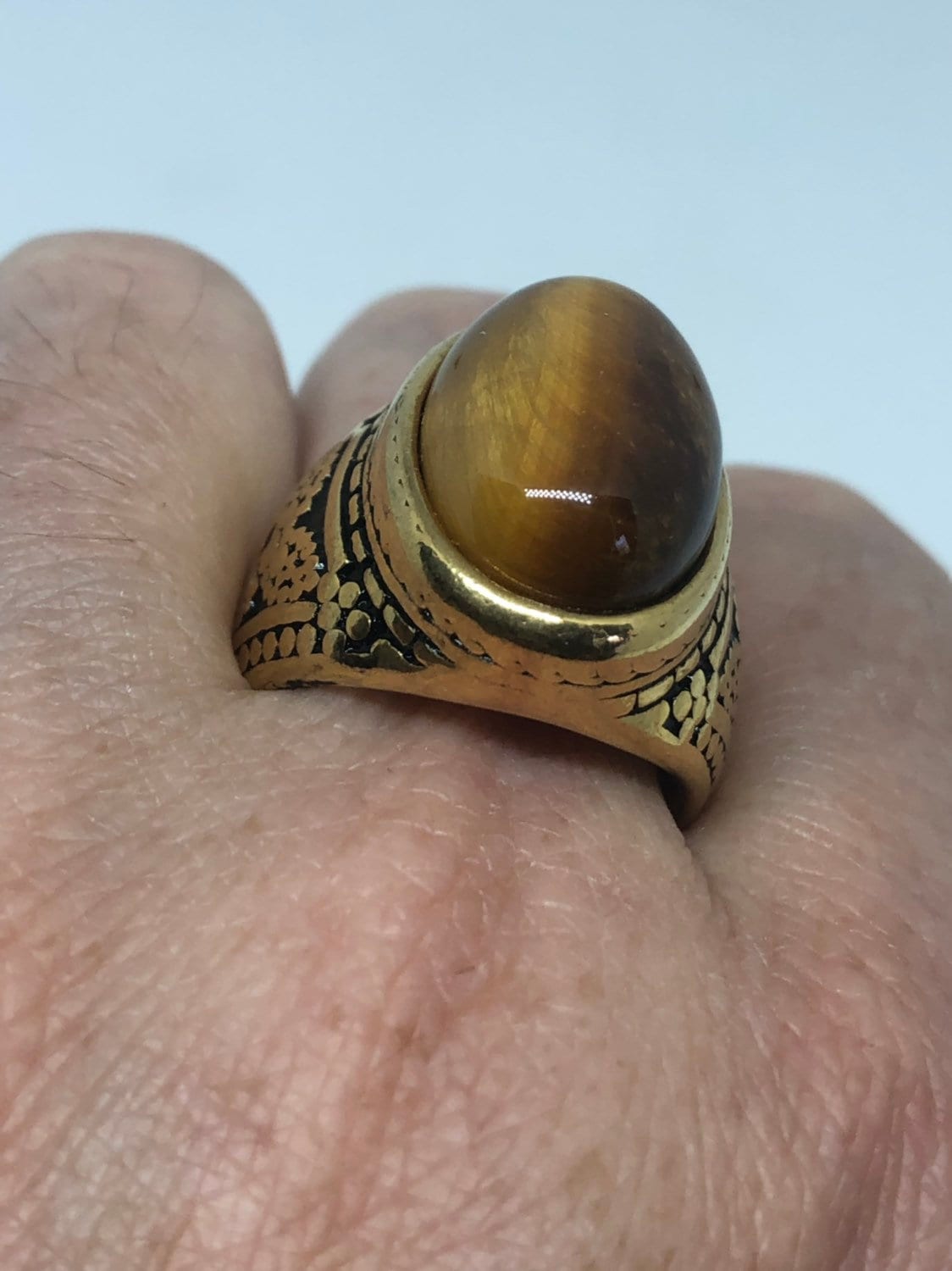 Vintage Gothic Golden Stainless Steel Genuine Tigers Eye Mens Ring