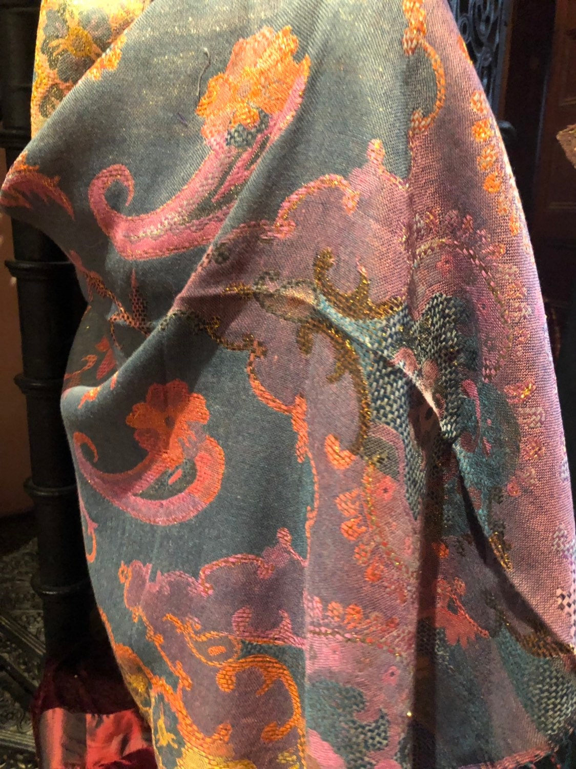 Golden Vintage Teal Purple Gold Metallic Paisley Brocade Pashmina Scarf Wrap