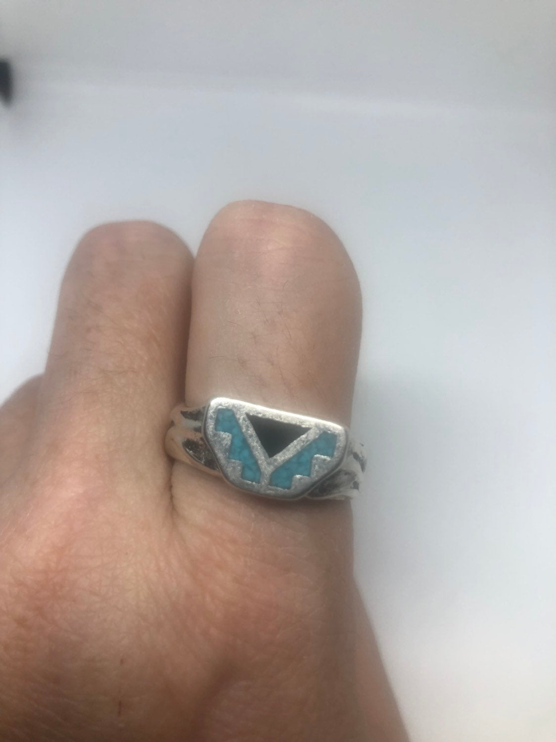 Vintage Native American Style Southwestern Genuine Turquoise Stone Inlay Men Ring