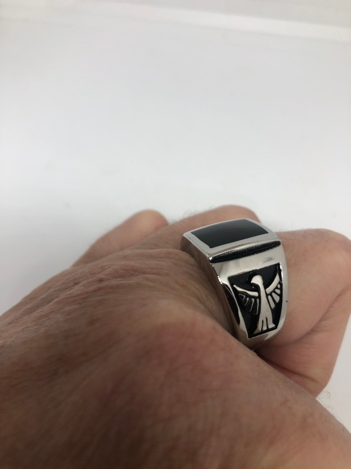 Vintage Native American Style Southwestern Black Onyx Stone Mens Thunderbird Ring