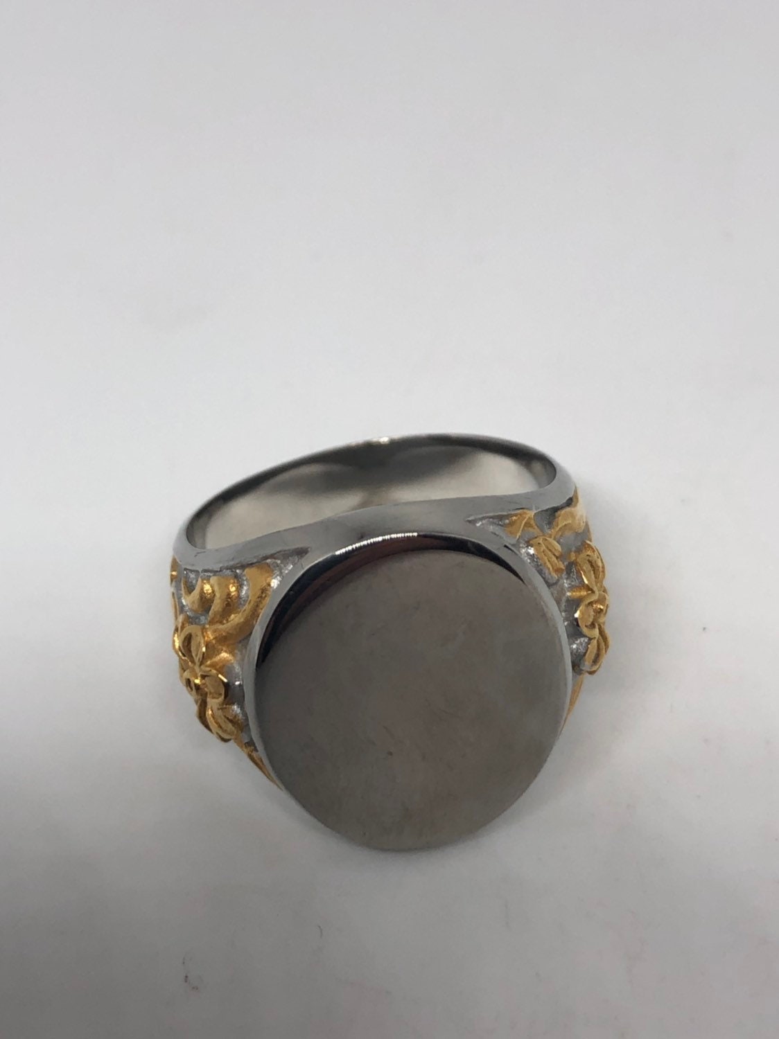 Vintage Silver and Gold Stainless Steel Momgram Engravable Mens Ring