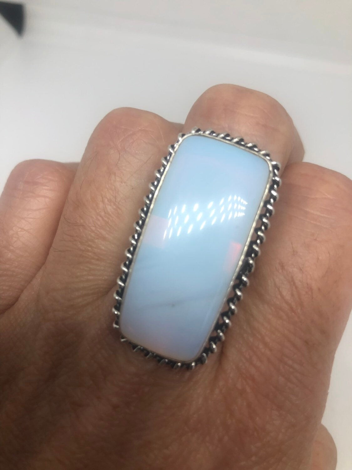 Vintage Deep Blue Opal Vintage Art Glass Ring About an Inch and a half Long Ring