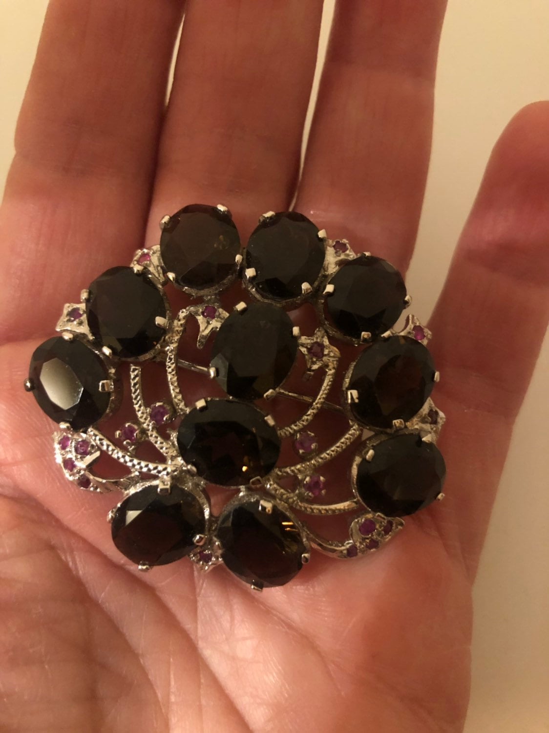 Vintage Handmade Smoky Topaz and Genuine Ruby 925 Sterling Silver Rhodium Brooch Necklace