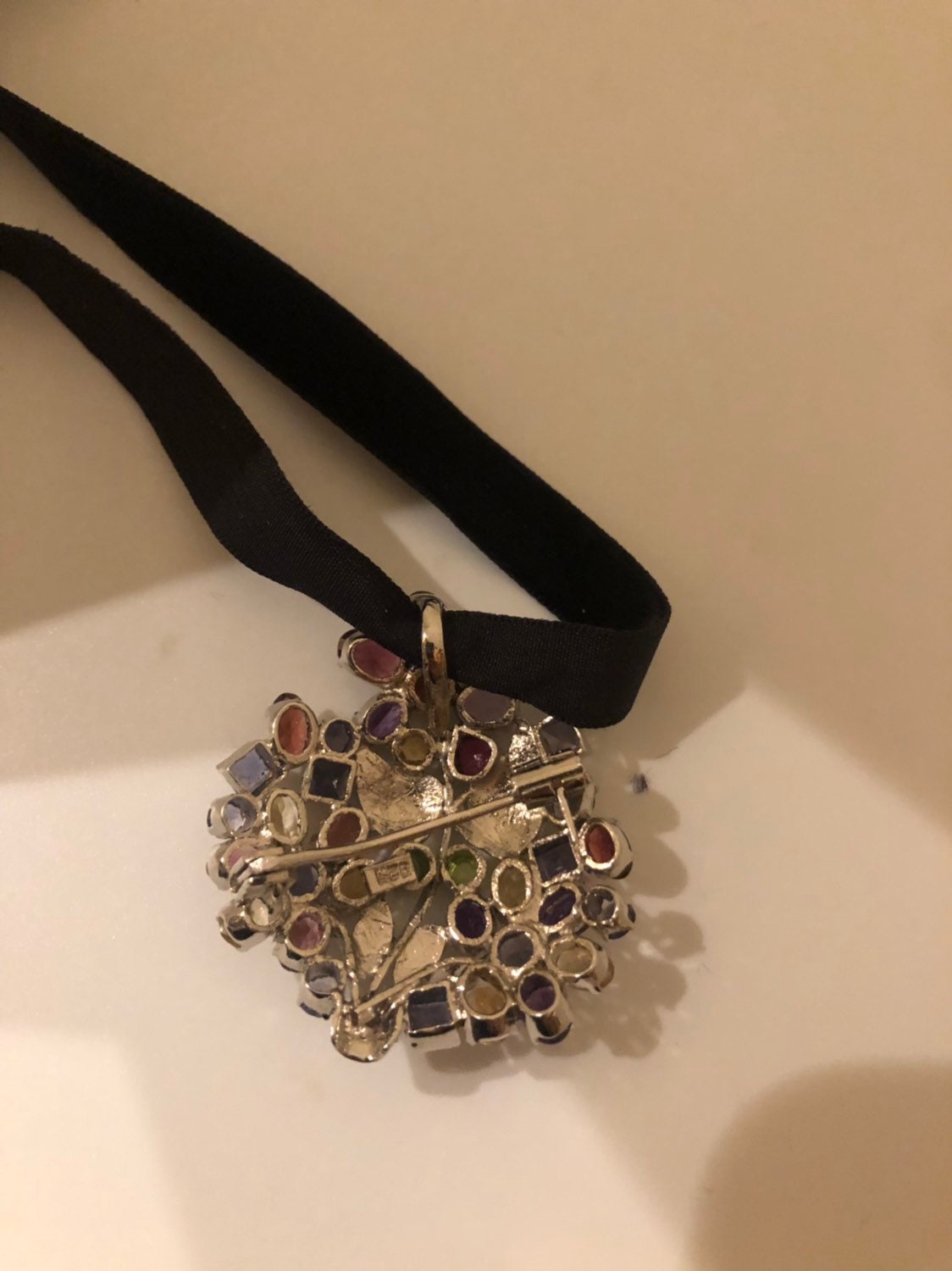 Vintage Handmade Genuine Mixed Gemstone 925 Sterling Silver Rhodium Brooch