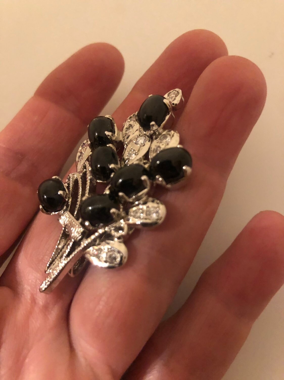 Vintage Handmade Black Star Diopside 925 Sterling Silver Rhodium Brooch