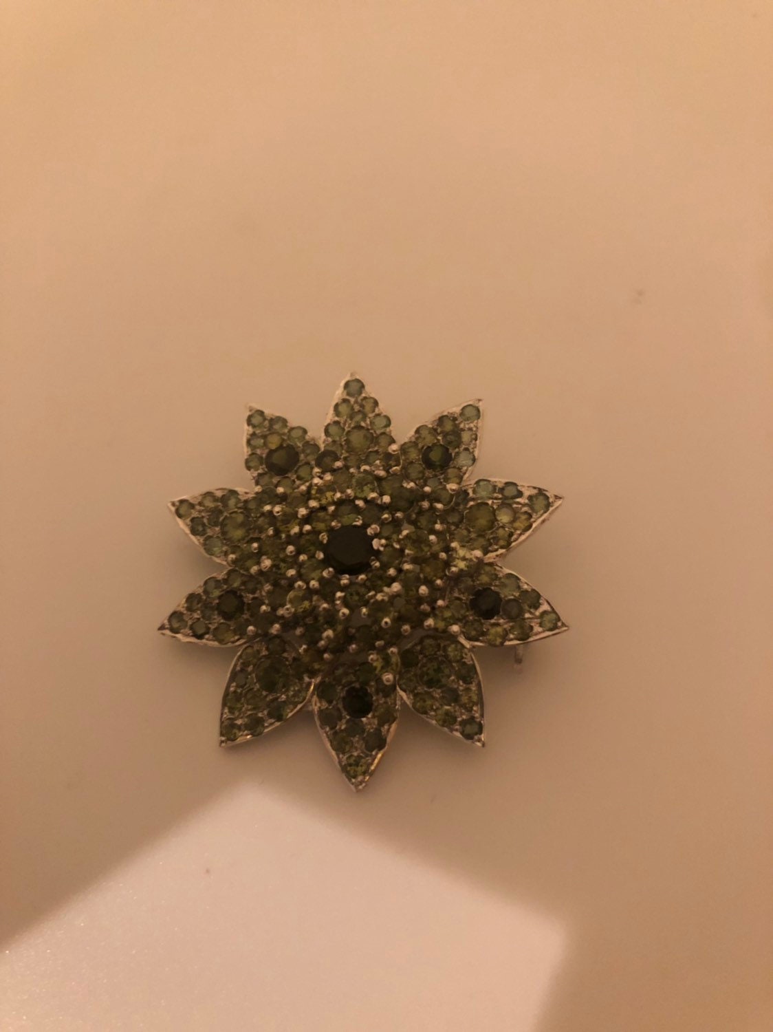 Vintage Handmade Genuine Green Toumaline 925 Sterling Silver Rhodium Star Brooch Pendant