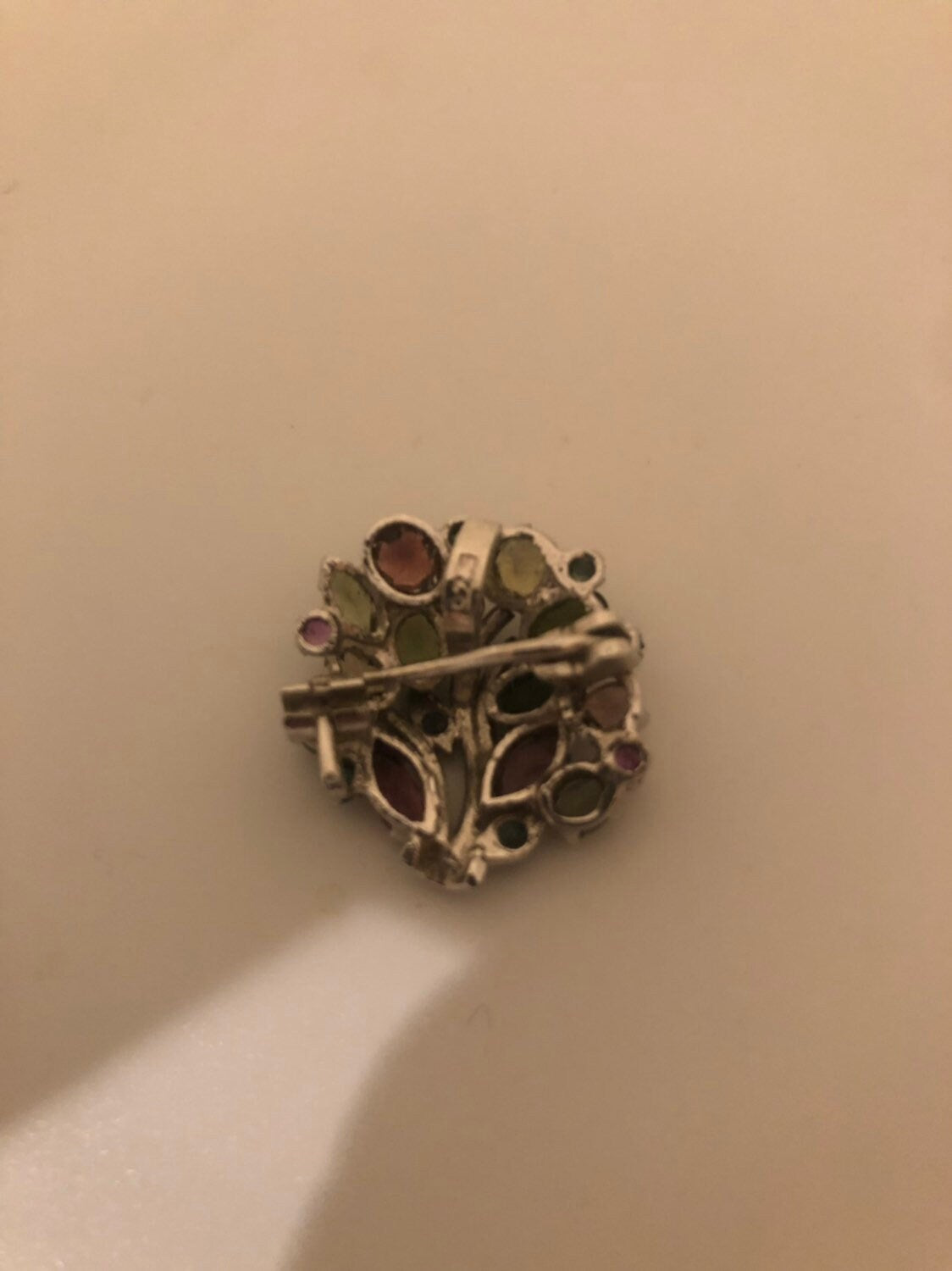 Vintage Genuine Mixed Gemstone 925 Sterling Silver Rhodium Brooch