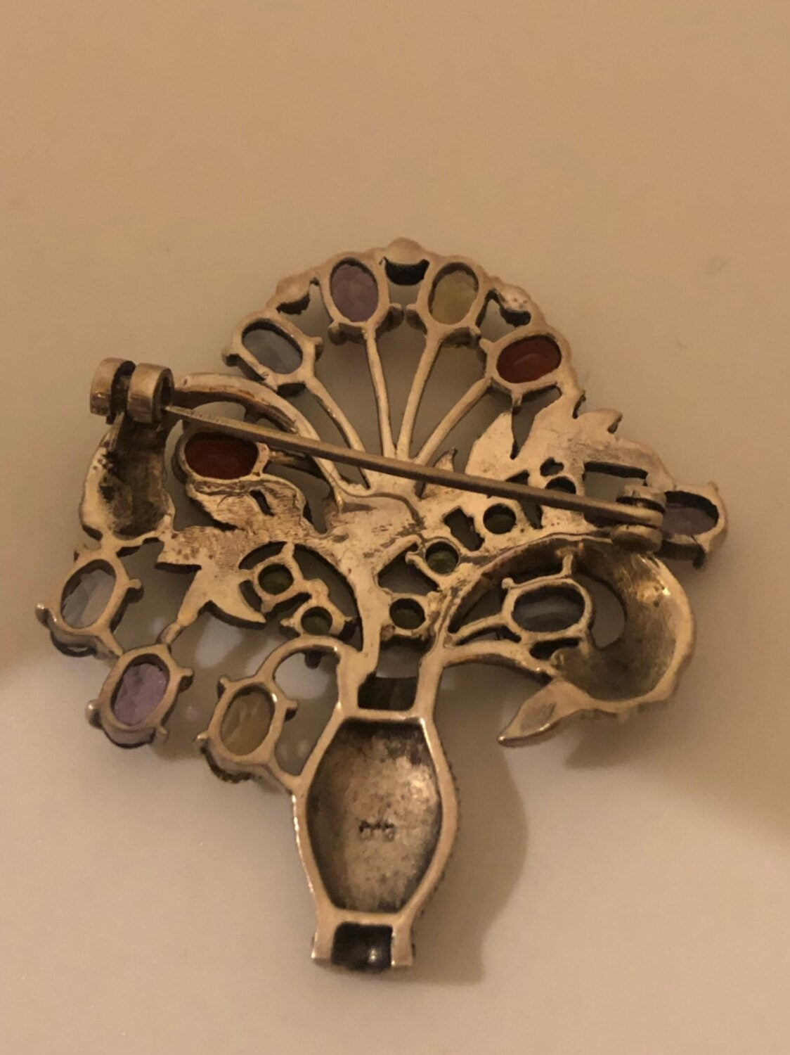 Vintage Handmade Genuine Gemstone Marcasite 925 Sterling Silver Brooch