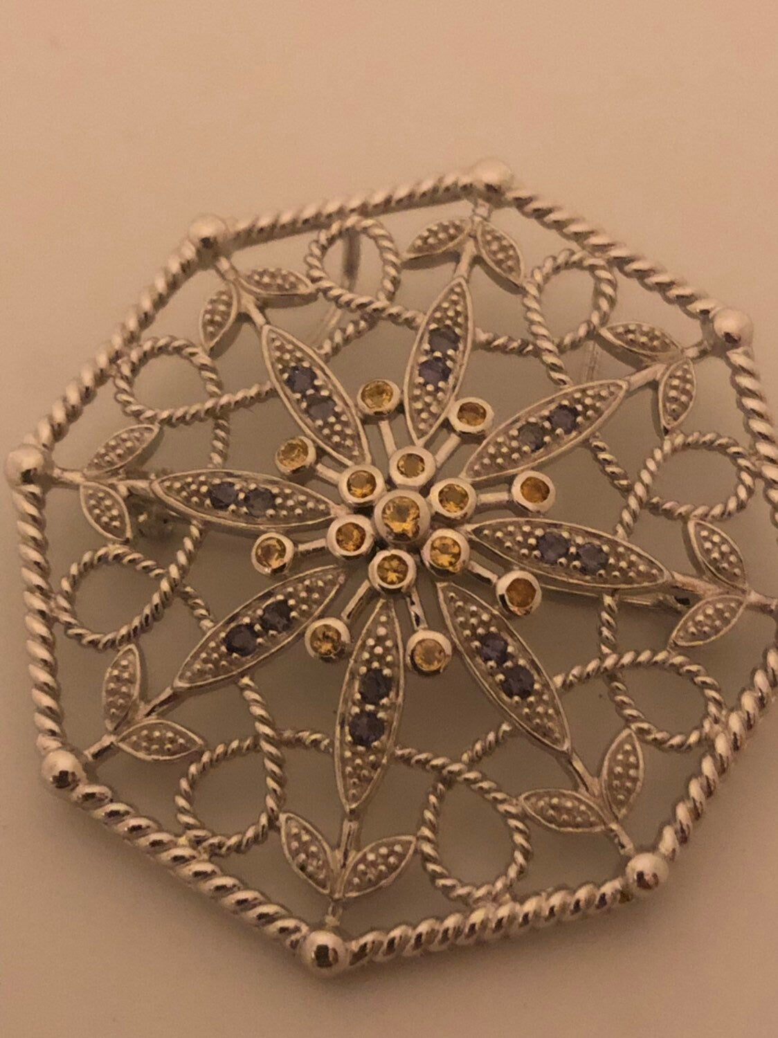 Vintage Handmade Citrine and Iolite Sterling Silver Butterfly Brooch Choker