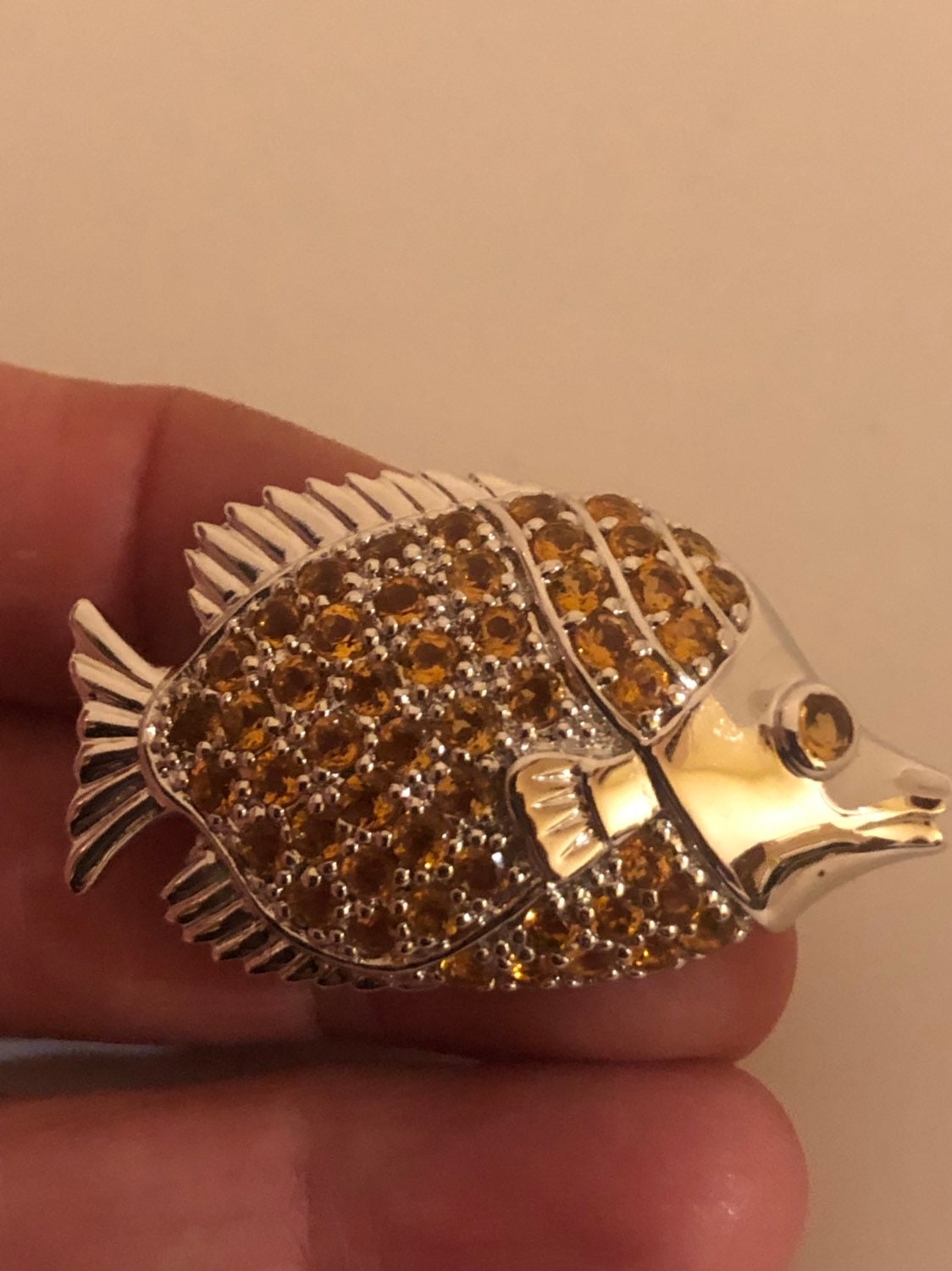 Vintage Handmade Golden Citrine Sterling Silver Fish Brooch