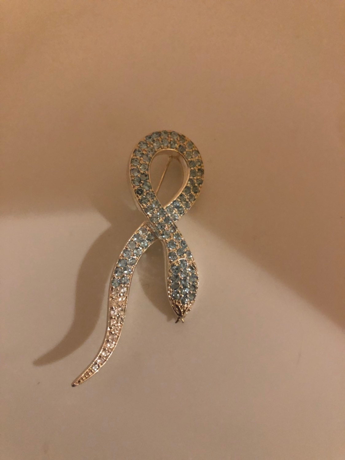 Antique Brooch 925 Sterling Silver Genuine Blue Topaz and White Sapphire Snake Pin